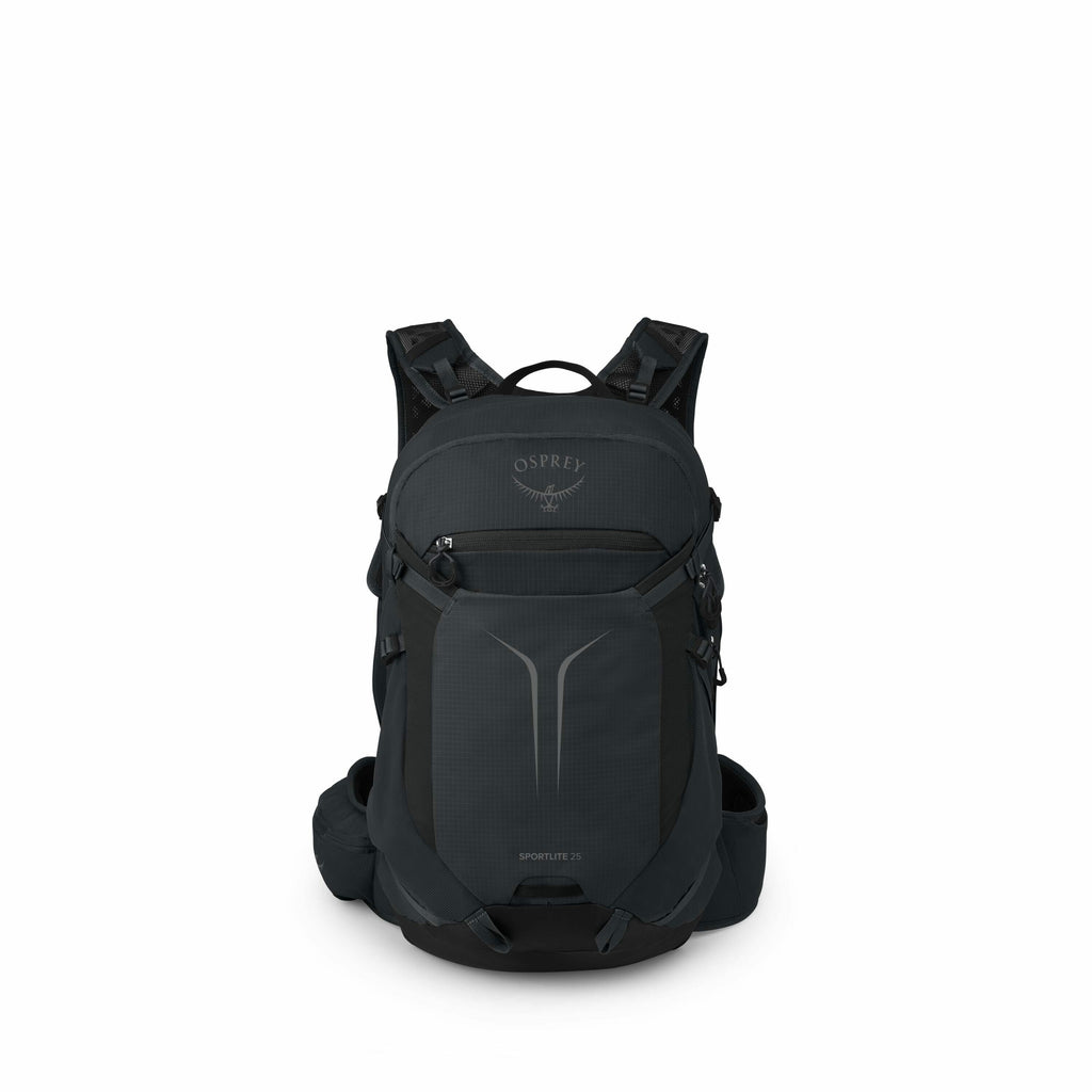 The image showcases a sleek black backpack designed by Osprey, featuring the brand's logo prominently on the upper section. The backpack is named "SPORTLITE 25," as indicated by the text on its front pocket area. The design includes adjustable shoulder st