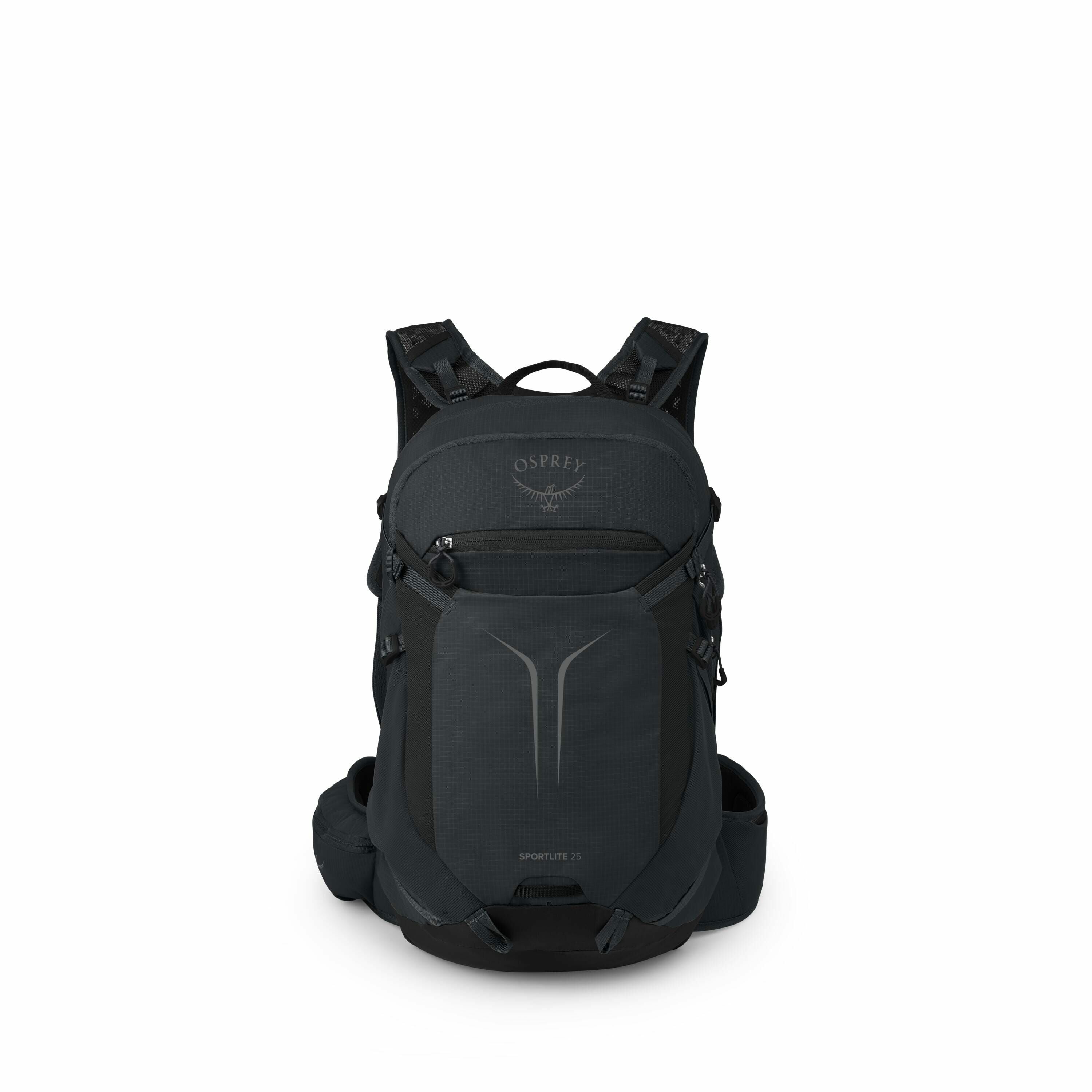 The image showcases a sleek black backpack designed by Osprey, featuring the brand's logo prominently on the upper section. The backpack is named "SPORTLITE 25," as indicated by the text on its front pocket area. The design includes adjustable shoulder st