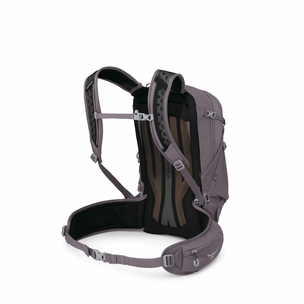 The image shows a gray hiking backpack designed for outdoor activities. The backpack features a padded back panel with ventilation channels, ensuring comfort during extended use. It has adjustable shoulder straps and a waist belt with a zippered pocket fo