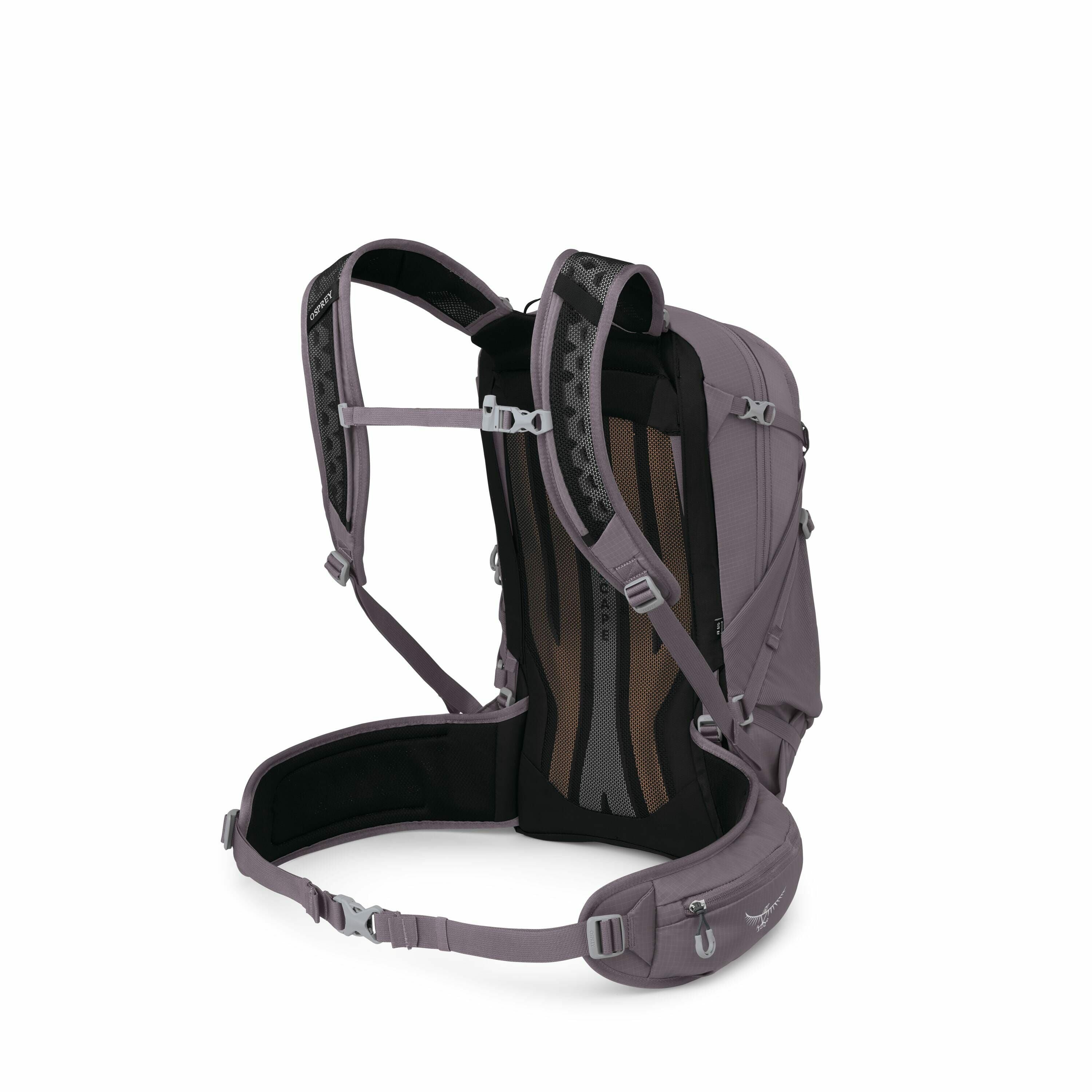 The image shows a gray hiking backpack designed for outdoor activities. The backpack features a padded back panel with ventilation channels, ensuring comfort during extended use. It has adjustable shoulder straps and a waist belt with a zippered pocket fo