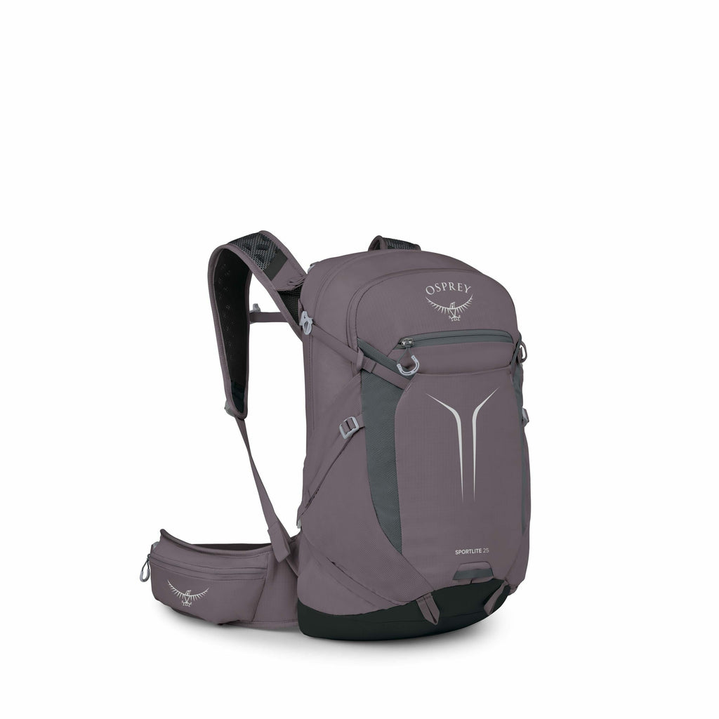 The image shows a backpack by Osprey, specifically their Sportlite 25 model, designed for outdoor activities. The backpack is predominantly gray with the Osprey logo featuring an eagle and the brand name printed at the top. It has various compartments and