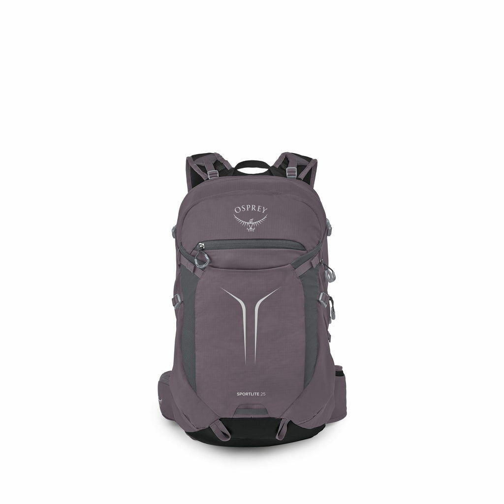 The image showcases a sleek, dark gray backpack made by Osprey, specifically the Sportlite 25 model. It features a streamlined design with various compartments, including a prominent front pocket with a subtle gray design accent. The backpack is equipped