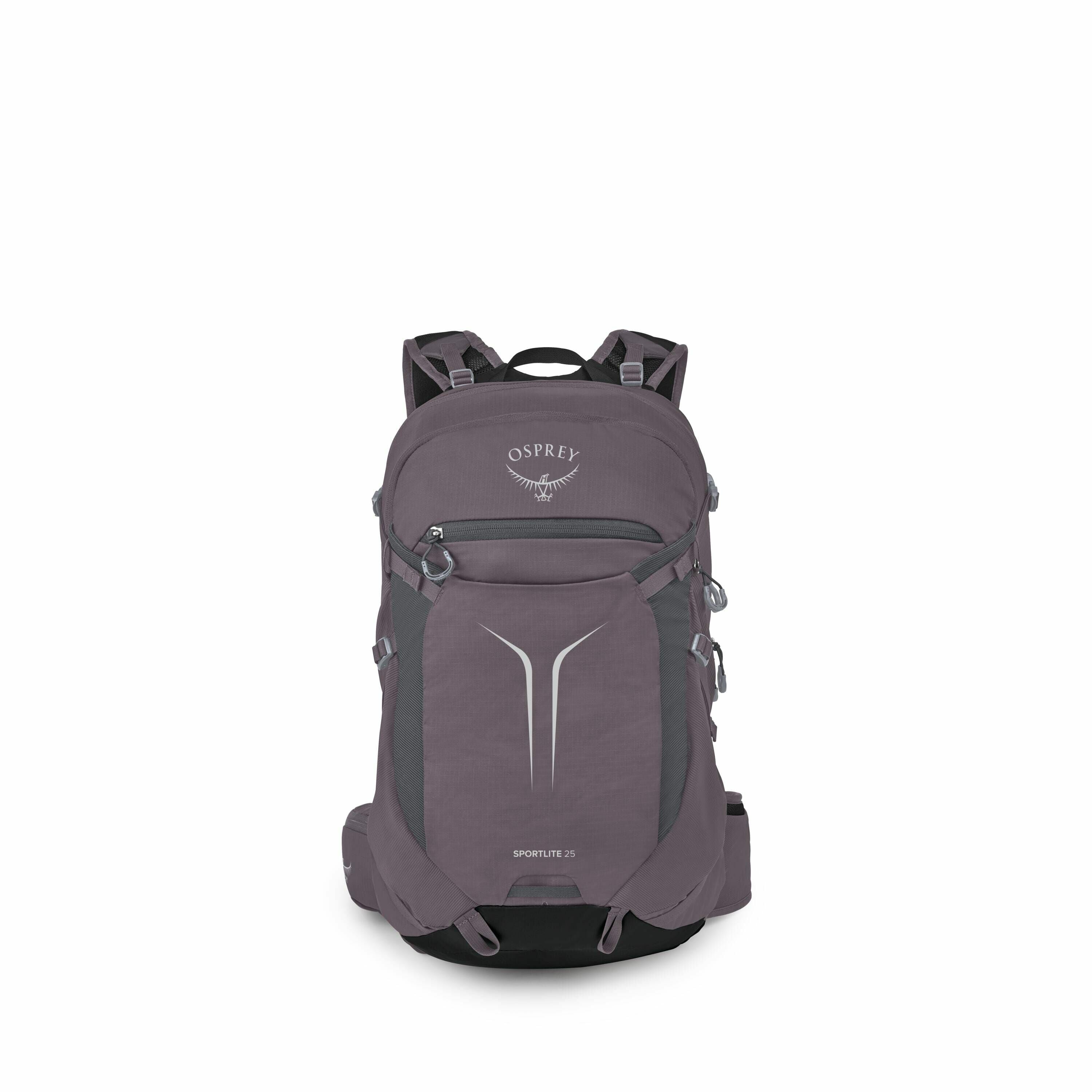 The image showcases a sleek, dark gray backpack made by Osprey, specifically the Sportlite 25 model. It features a streamlined design with various compartments, including a prominent front pocket with a subtle gray design accent. The backpack is equipped