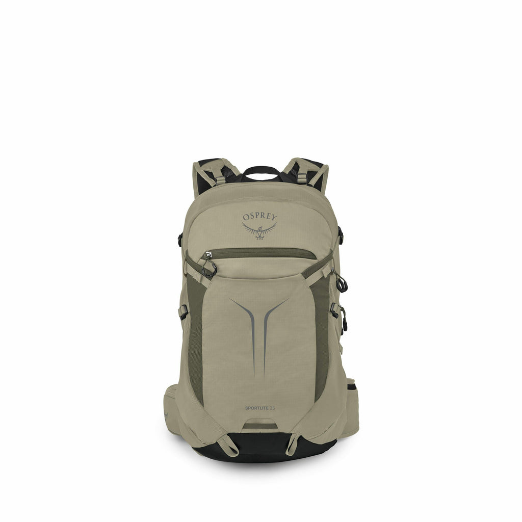 The image displays an Osprey Sportlite 25 backpack in a neutral green color. The backpack features the Osprey logo prominently on the upper section of the front panel. It is equipped with several compartments and attachment loops, suggesting utility for o