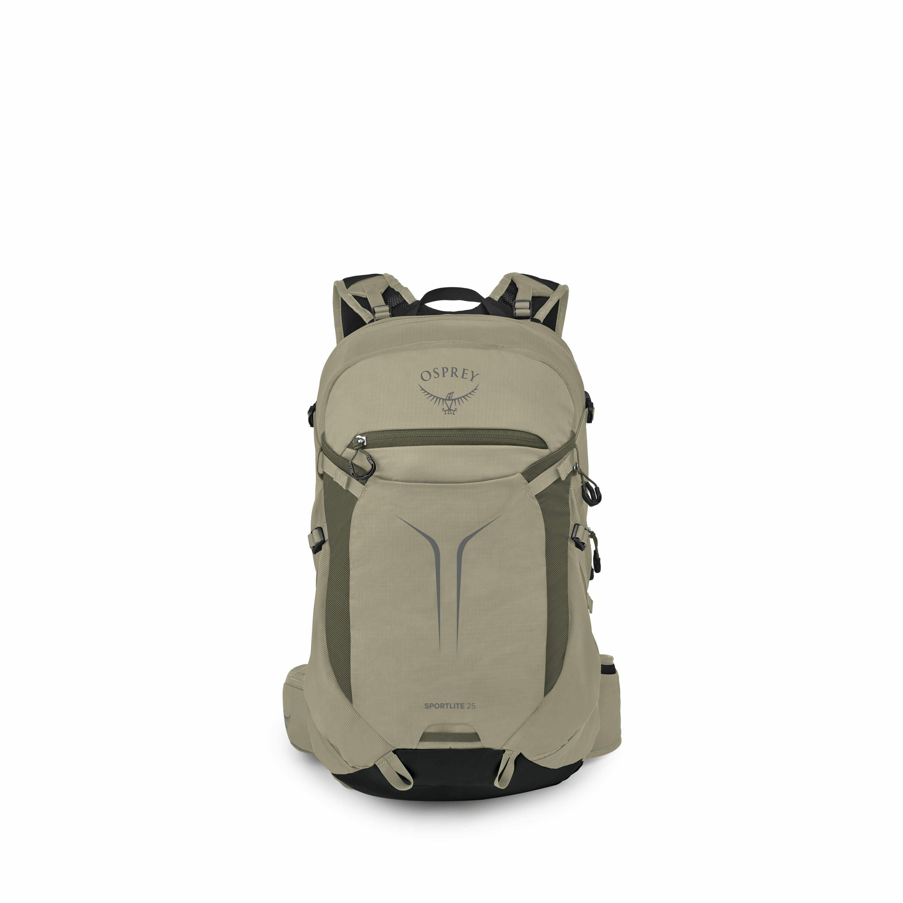 The image displays an Osprey Sportlite 25 backpack in a neutral green color. The backpack features the Osprey logo prominently on the upper section of the front panel. It is equipped with several compartments and attachment loops, suggesting utility for o