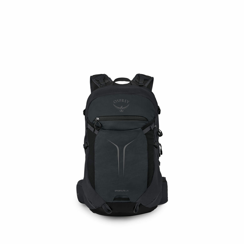 The image showcases a black backpack from the brand Osprey, specifically the Sportlite 25 model. The backpack features a sleek, streamlined design with a prominent Osprey logo near the top of the main compartment. It appears to be equipped with multiple p