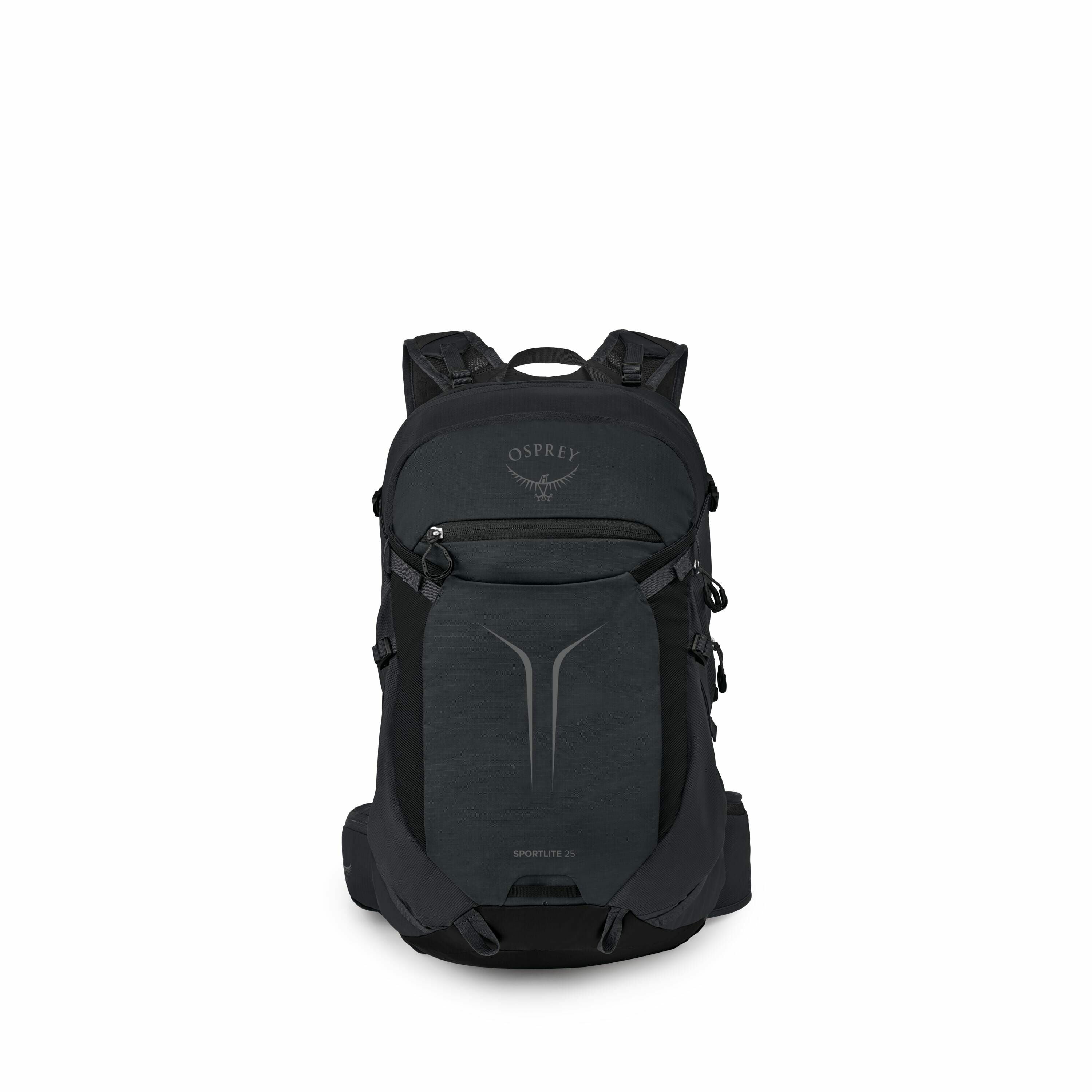 The image showcases a black backpack from the brand Osprey, specifically the Sportlite 25 model. The backpack features a sleek, streamlined design with a prominent Osprey logo near the top of the main compartment. It appears to be equipped with multiple p