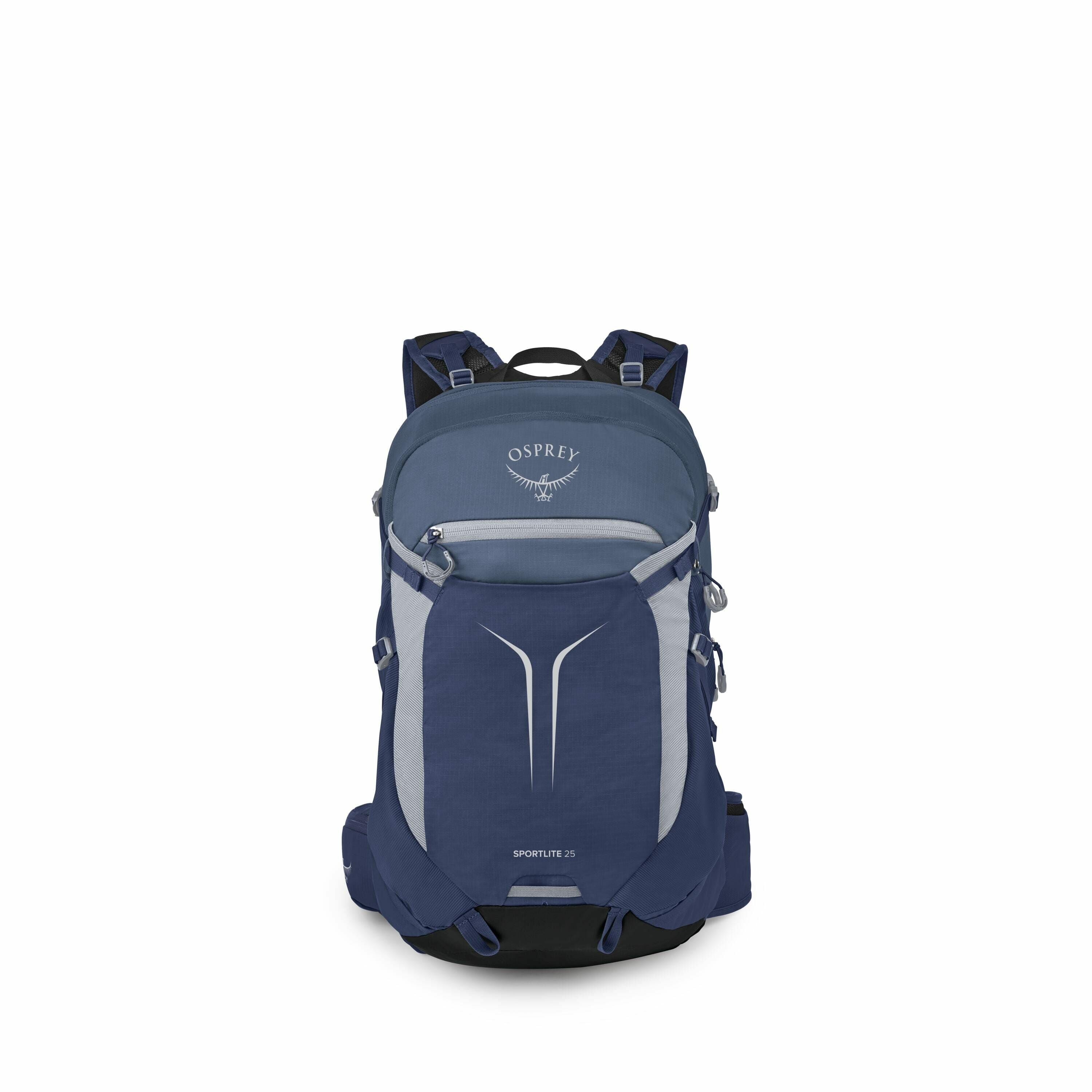 The image displays an Osprey backpack, specifically the Sportlite 25 model, in a deep blue and gray color scheme. The backpack features a prominent Osprey logo on the top flap, which consists of the brand name and an emblem resembling an outstretched bird