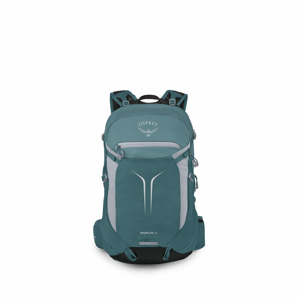 The image showcases an Osprey backpack, prominently labeled as the Sportlite 25 model. The backpack is a deep teal color with gray accents and features the Osprey logo at the top of the main compartment. Its design includes multiple pockets, zippers, and