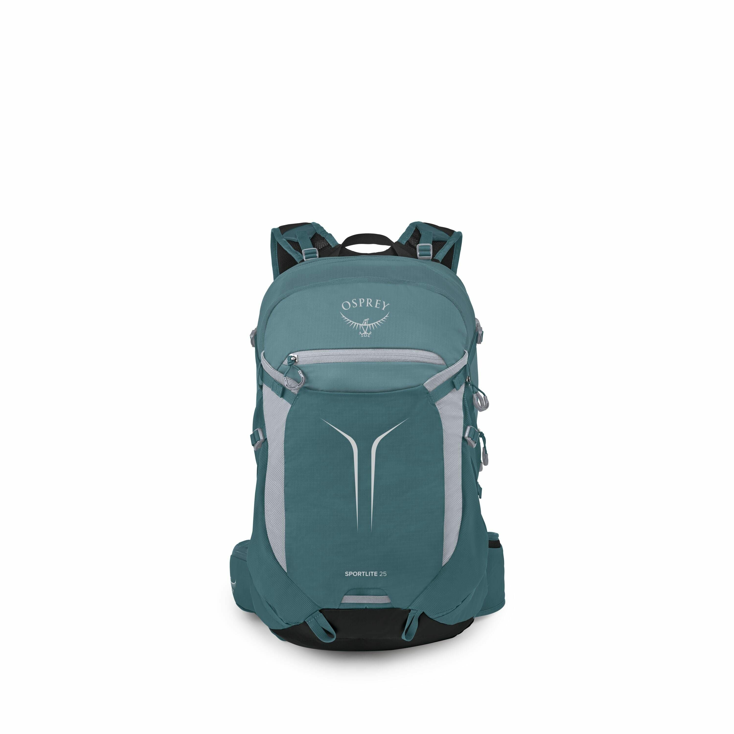 The image showcases an Osprey backpack, prominently labeled as the Sportlite 25 model. The backpack is a deep teal color with gray accents and features the Osprey logo at the top of the main compartment. Its design includes multiple pockets, zippers, and
