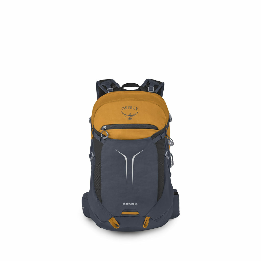 The image showcases an Osprey backpack with a vibrant color scheme. The top section of the backpack is a mustard yellow with the Osprey logo prominently displayed, while the lower section is a dark gray. The front features a vertical zipper and reflective