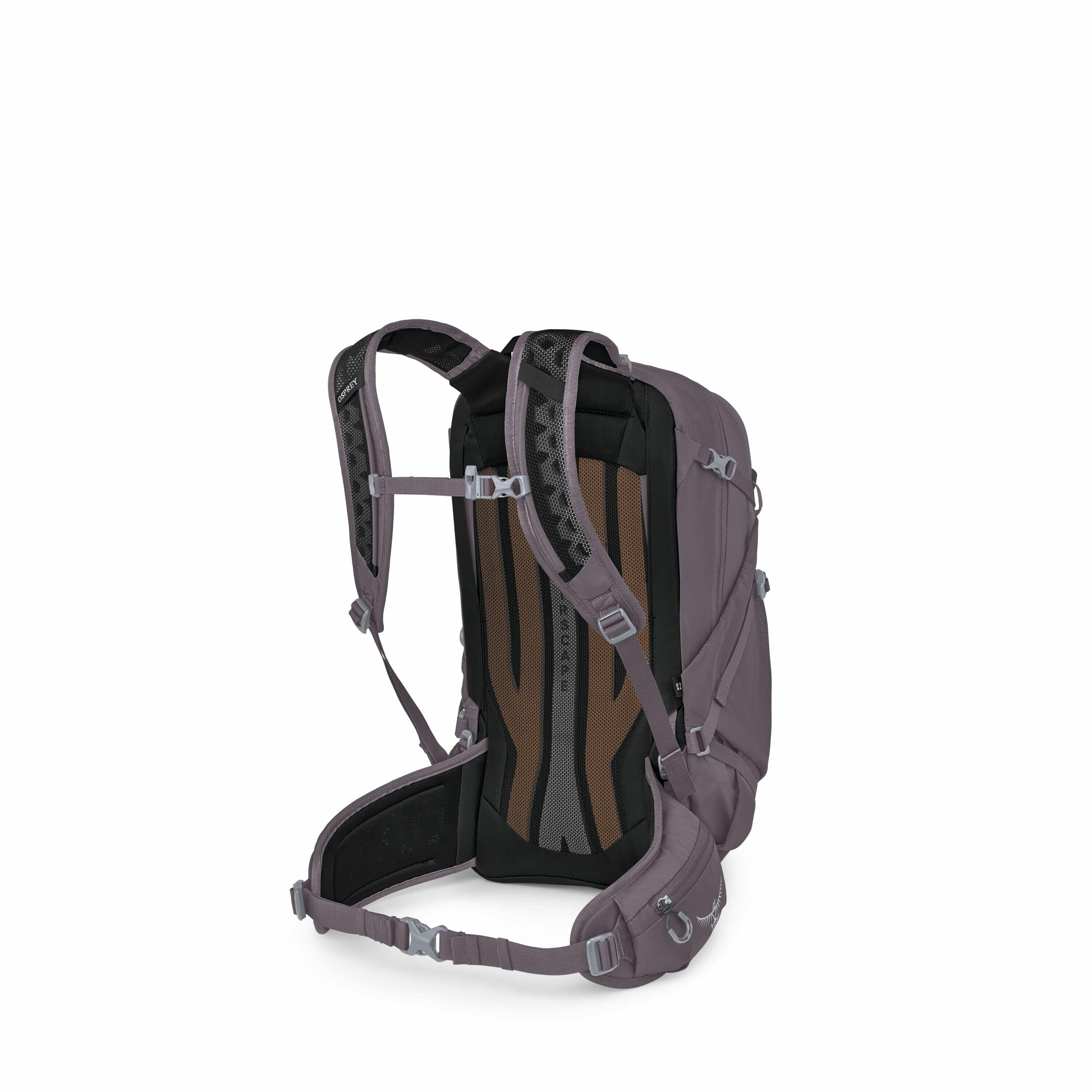 The image shows a dark gray backpack with a focus on its back panel and harness system. It features padded shoulder straps and a hip belt for comfort and support, along with an adjustable sternum strap. The back panel appears to be designed for ventilatio