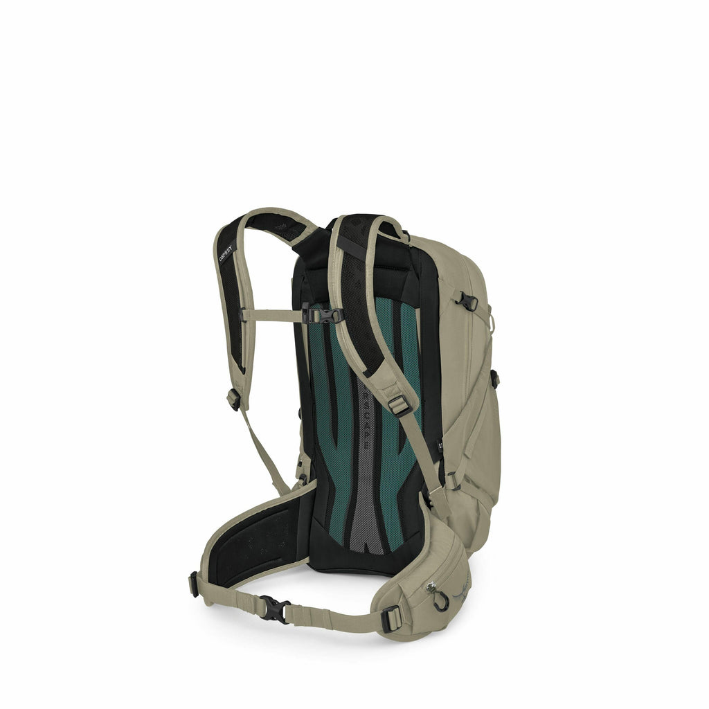 The image displays a backpack designed for outdoor use, highlighting its back panel and strap system. The back panel features a ventilation system with padded sections, displayed in a combination of black, green, and dark teal colors. The backpack straps