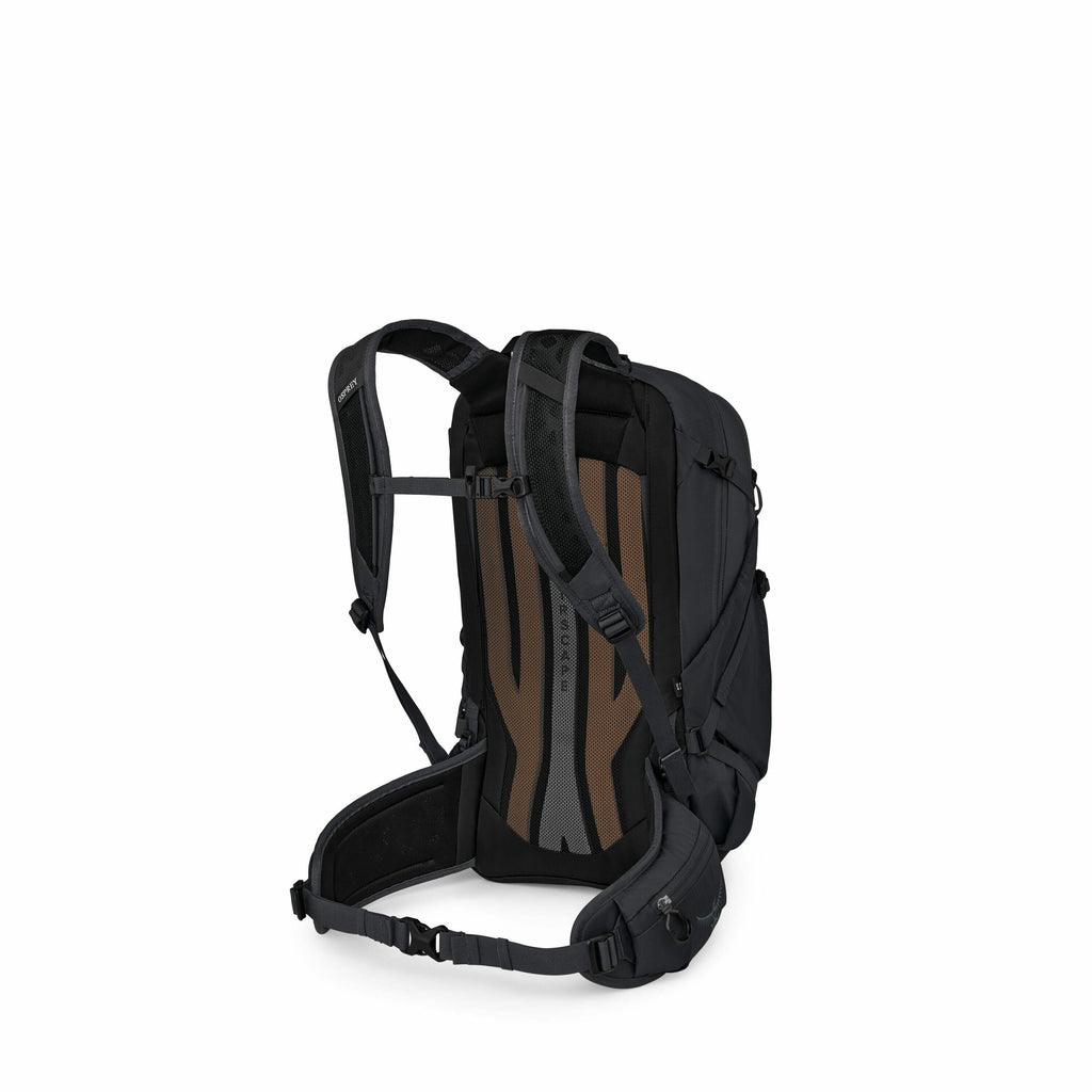 The images depict a series of steps showing the construction of a backpack. The first image presents a fully assembled backpack in dark colors, primarily black, with visible shoulder straps and a padded back section for comfort. Subsequent images progress