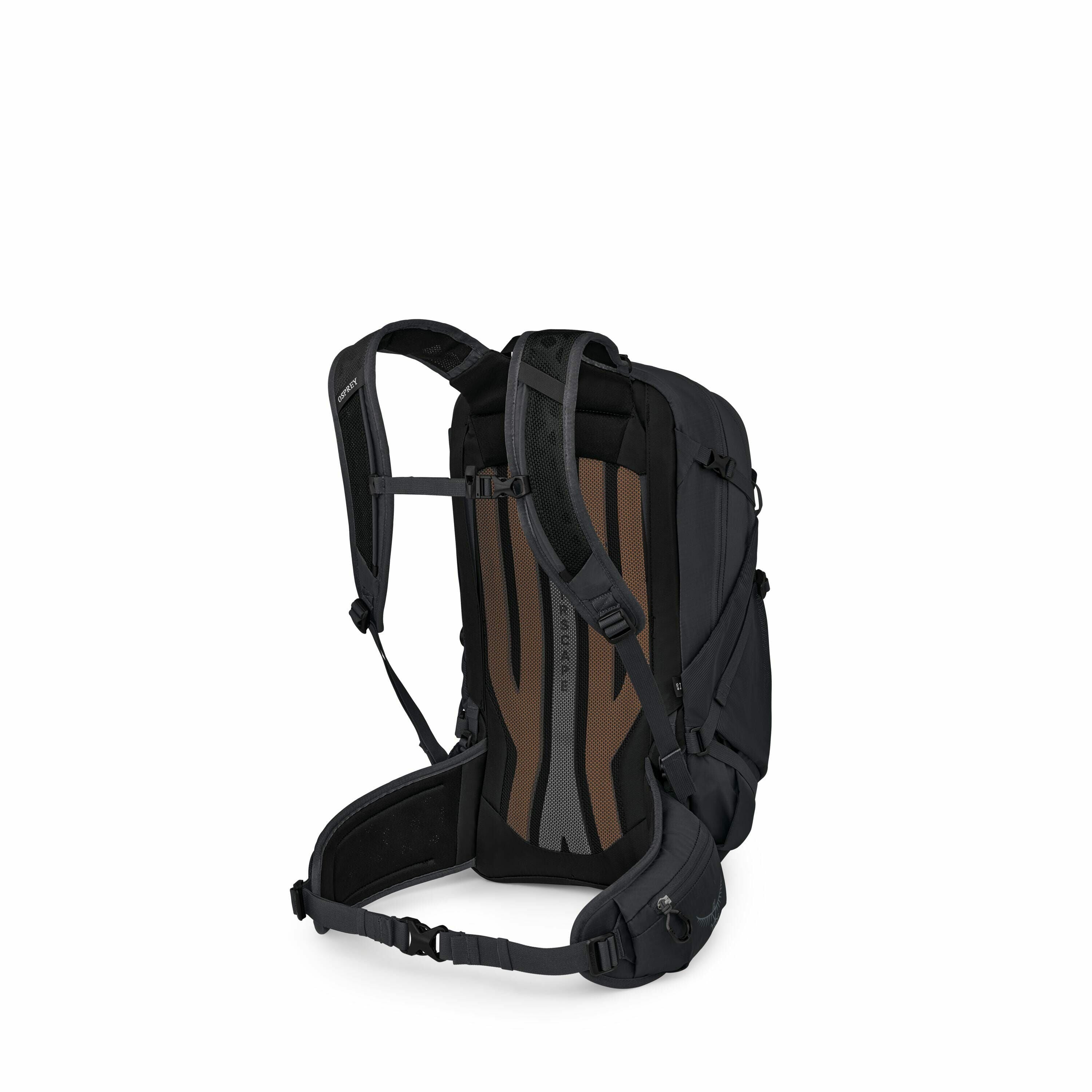 The images depict a series of steps showing the construction of a backpack. The first image presents a fully assembled backpack in dark colors, primarily black, with visible shoulder straps and a padded back section for comfort. Subsequent images progress