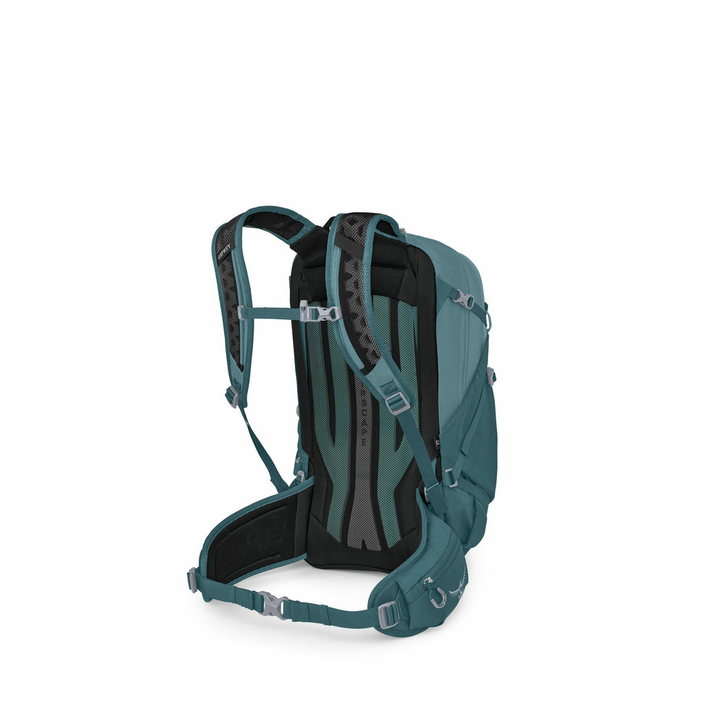 The image showcases a teal-colored Osprey backpack viewed from the back, emphasizing its ergonomic design. The backpack features padded shoulder straps and a ventilated back panel to provide comfort during use. There are multiple adjustable straps, includ