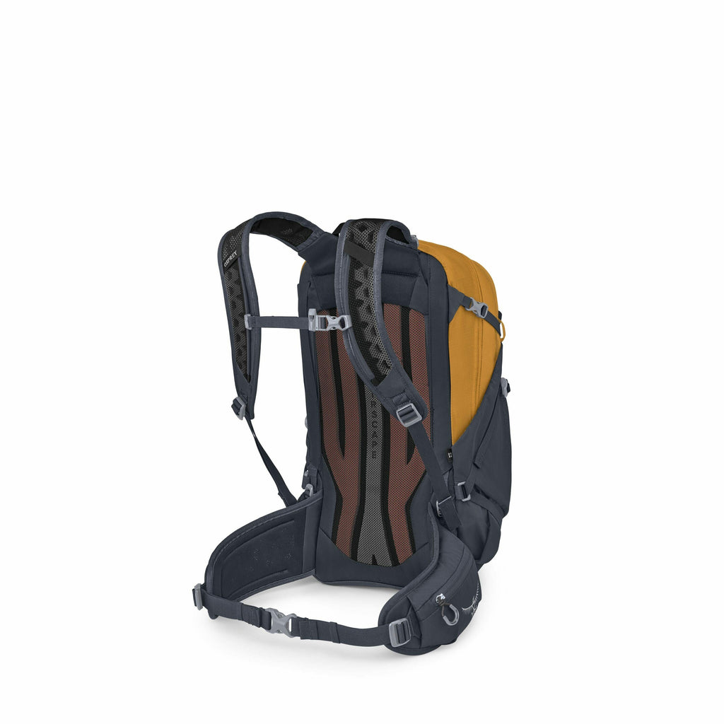 The image showcases a backpack designed for outdoor or hiking activities. The backpack has a prominent mustard yellow color on the upper portion, while the bottom and sides are black. The back panel features a breathable mesh design, enhanced with support