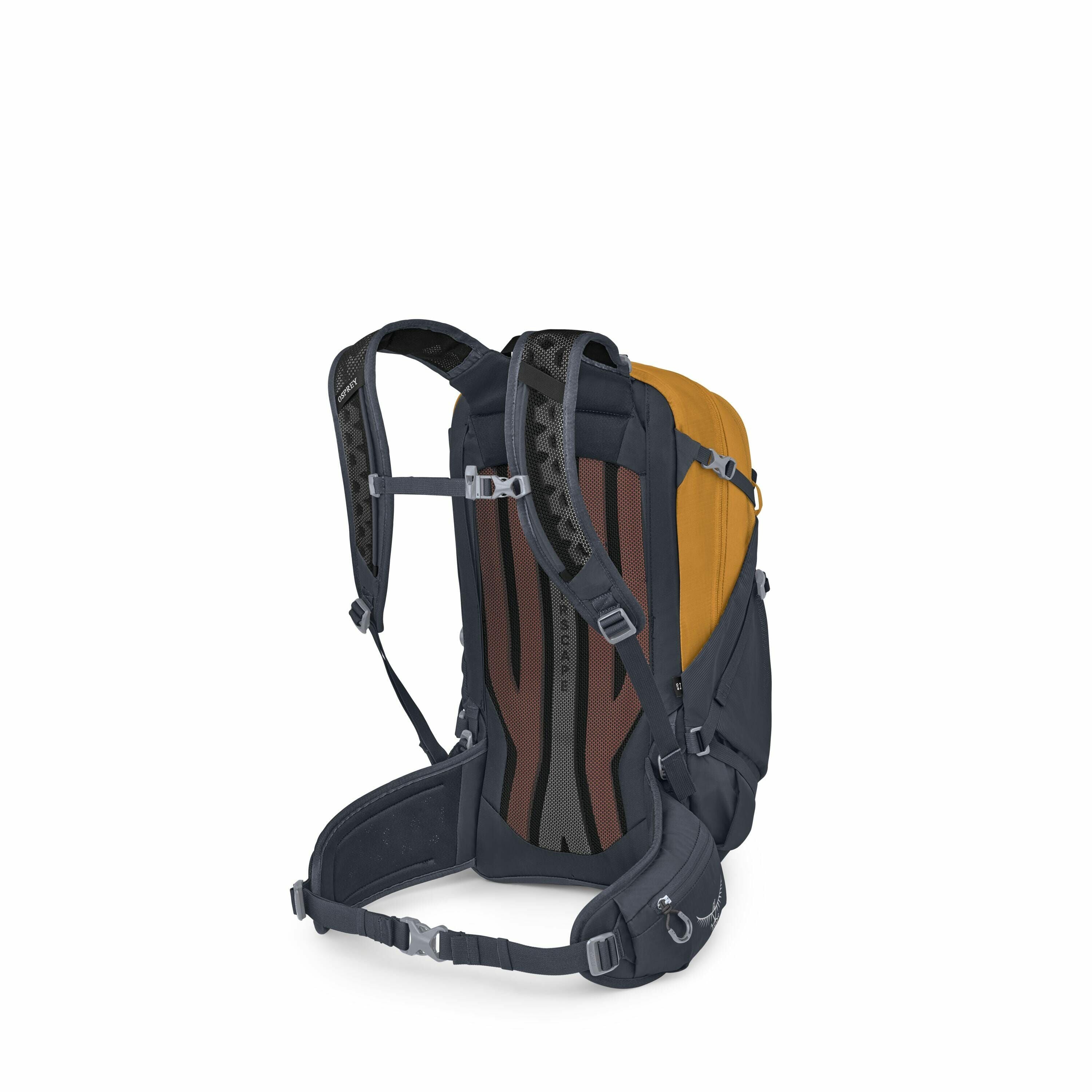 The image showcases a backpack designed for outdoor or hiking activities. The backpack has a prominent mustard yellow color on the upper portion, while the bottom and sides are black. The back panel features a breathable mesh design, enhanced with support