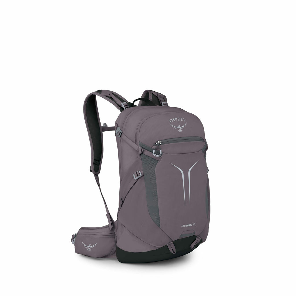The image showcases an Osprey Sportlite 25 backpack, designed for outdoor activities. It features a sleek and ergonomic design in a muted purple color, providing a combination of style and functionality. The backpack has several compartments and pockets f