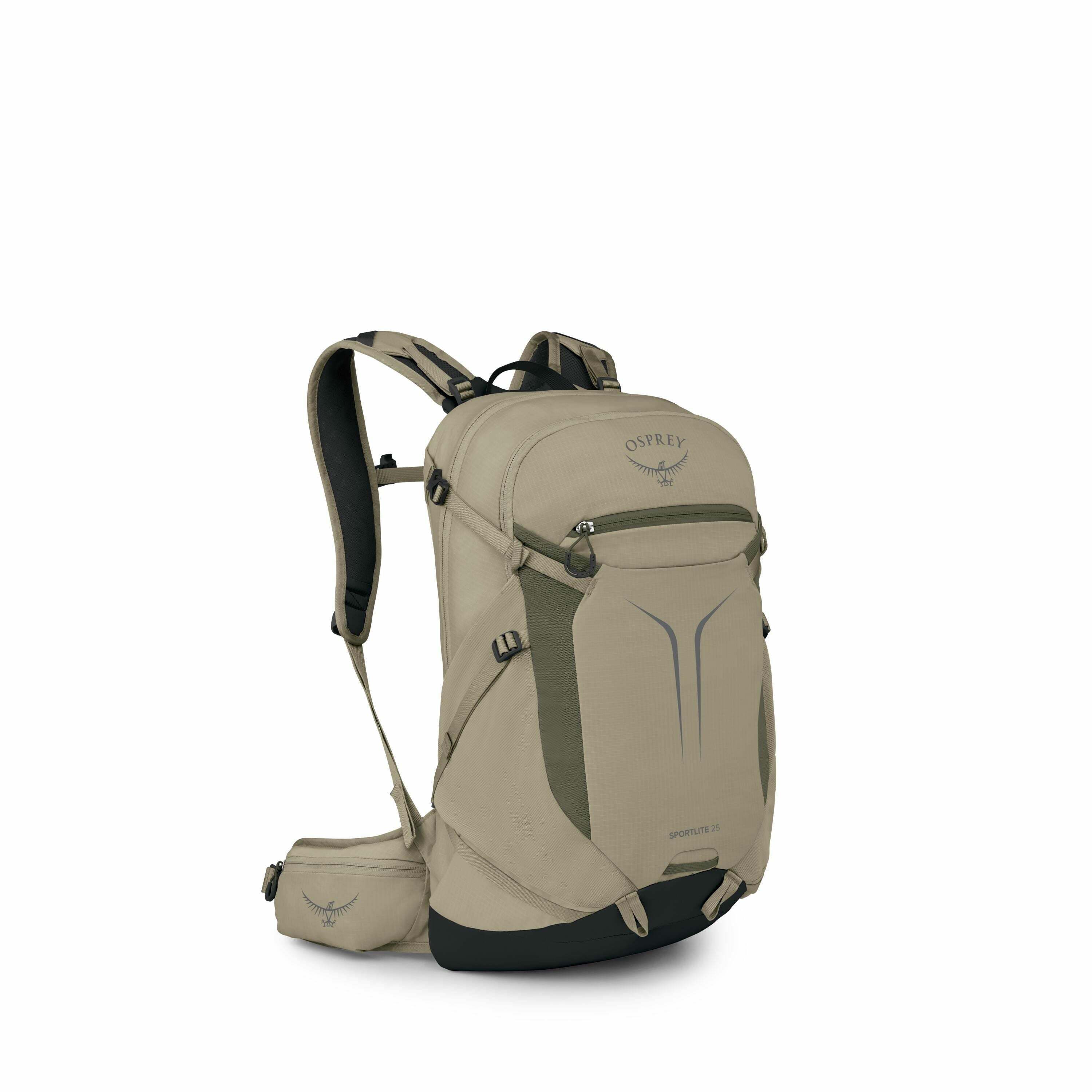 The image showcases an Osprey Sportlite 25 backpack, displayed at an angle that highlights its features and design. The backpack has a clean, minimalist look with a khaki green color. Notable features include a sturdy frame, multiple compartments, and a h