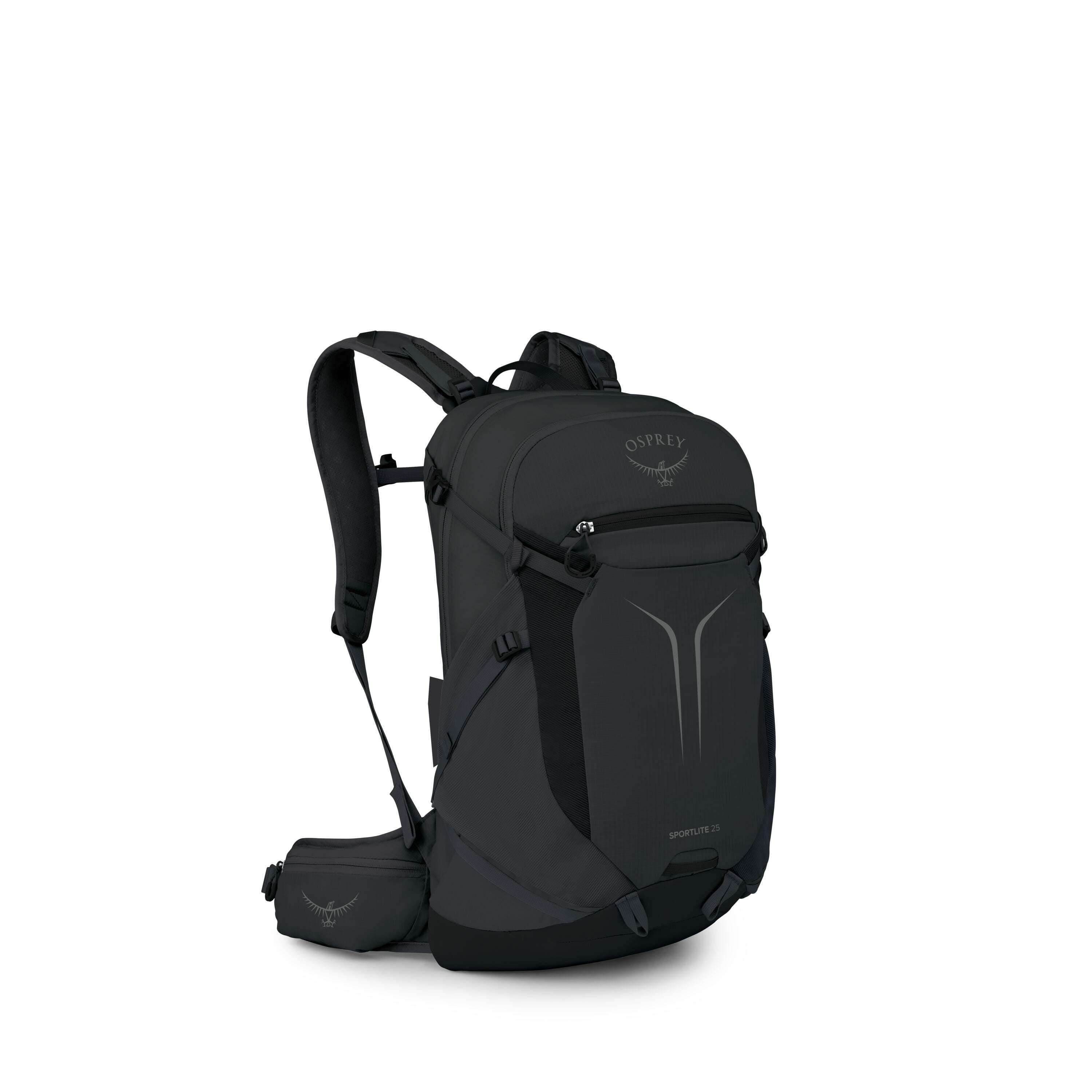 The image displays a sleek, dark gray Osprey backpack designed for outdoor activities. The backpack features multiple compartments with zippers, a mesh front section, and adjustable padded shoulder straps for comfort. There is also a waist strap with a sm