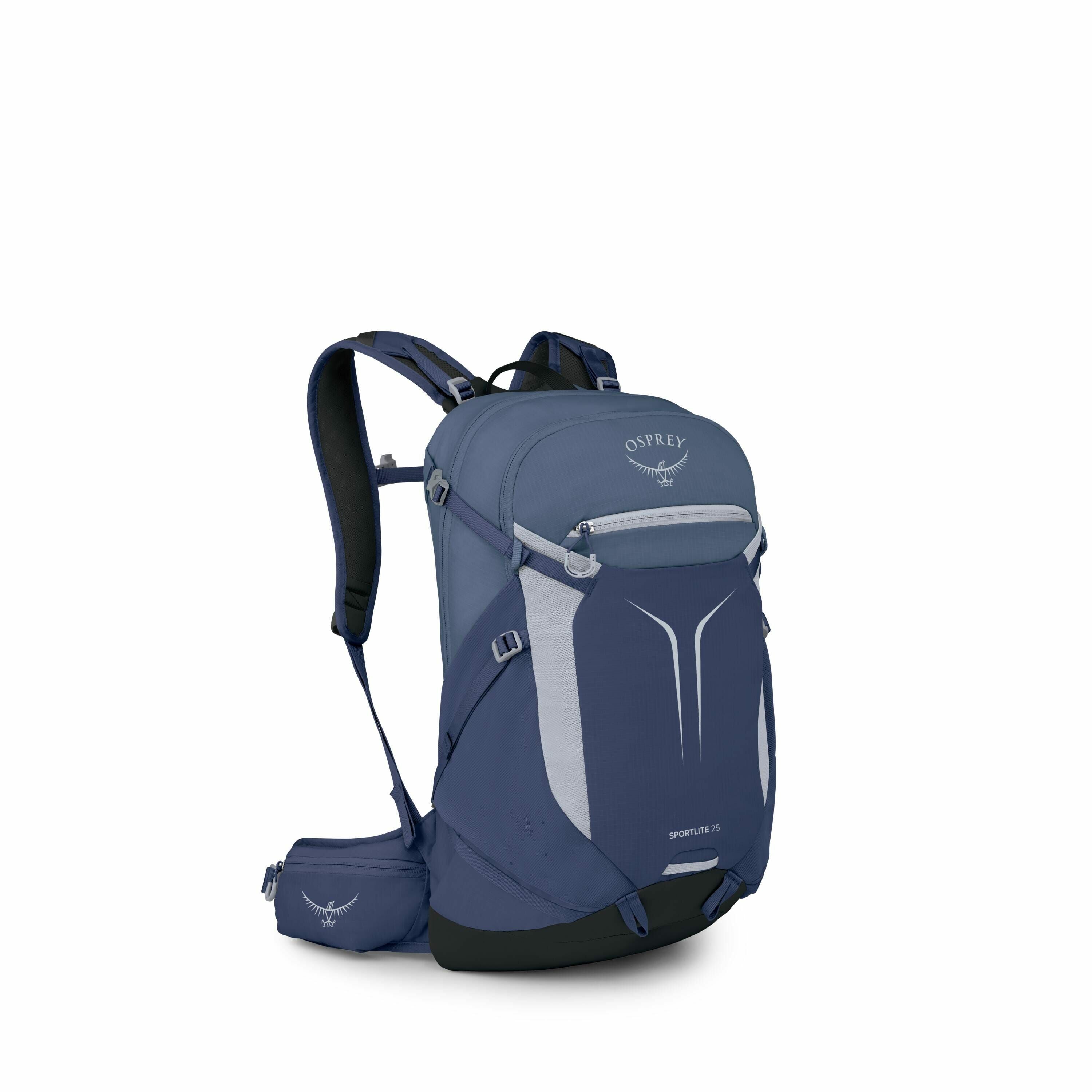 The image showcases a blue Osprey backpack with a stylish and modern design. The backpack features a large main compartment and several smaller pockets, including a front zippered pocket with decorative elements. It has padded shoulder straps for comfort