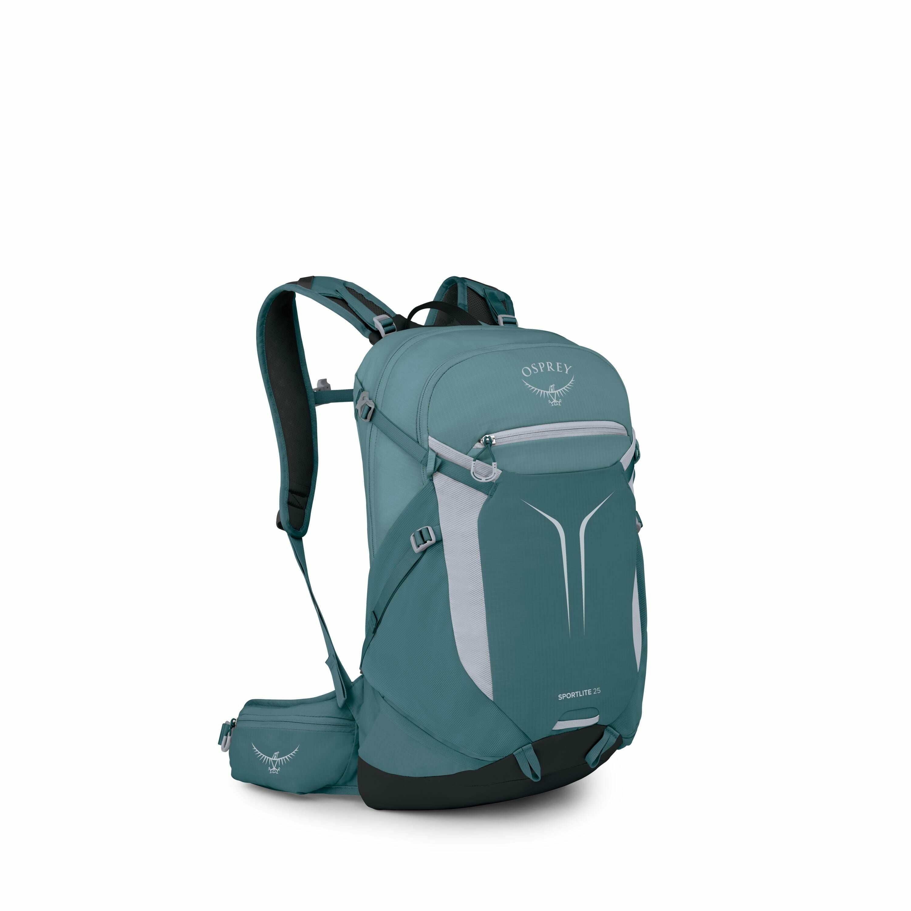 The image displays an Osprey backpack, specifically the Sportlite 25 model, in a shade of teal. The design is sleek and functional, featuring multiple compartments and adjustable straps for ergonomic support. The brand name "Osprey" is clearly visible on