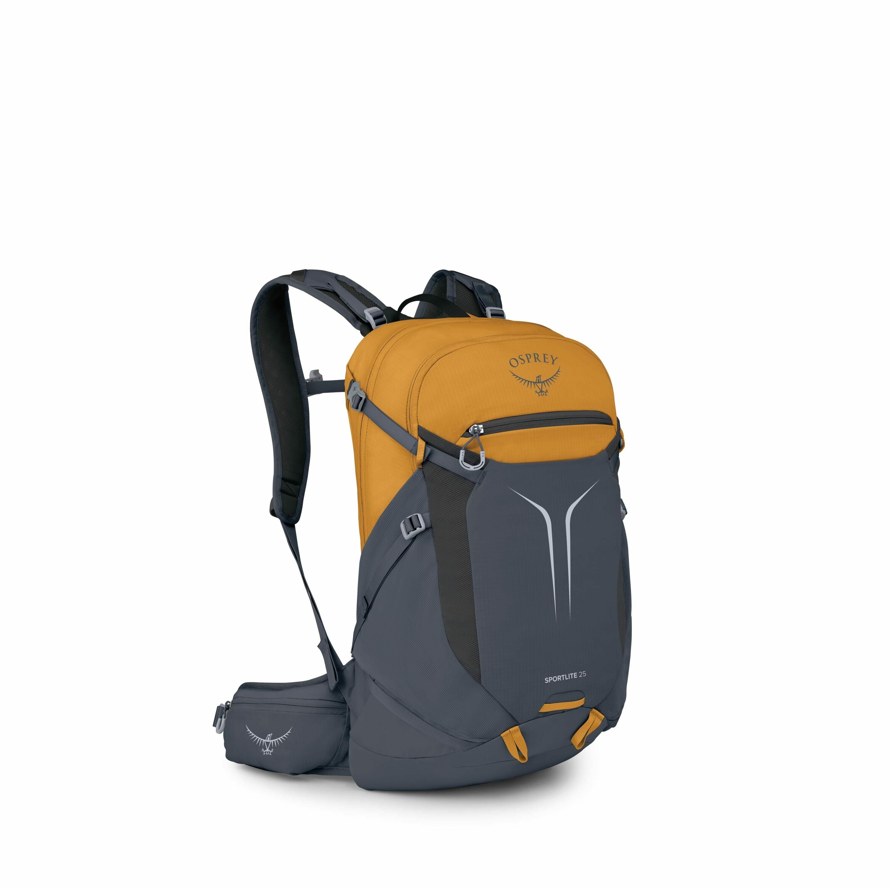 The image features an Osprey Sportlite 25 backpack, designed for outdoor activities such as hiking or cycling. The backpack is predominantly two-toned with a mustard yellow top section and a deep blue lower section. It includes multiple pockets and compar