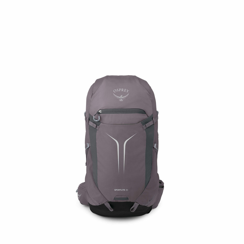 The image showcases an Osprey Sportlite 30 backpack in various perspectives and components. The backpack features a sleek design with a central vertical pattern in a lighter shade contrasting against the main grey color. The Osprey logo is prominently dis