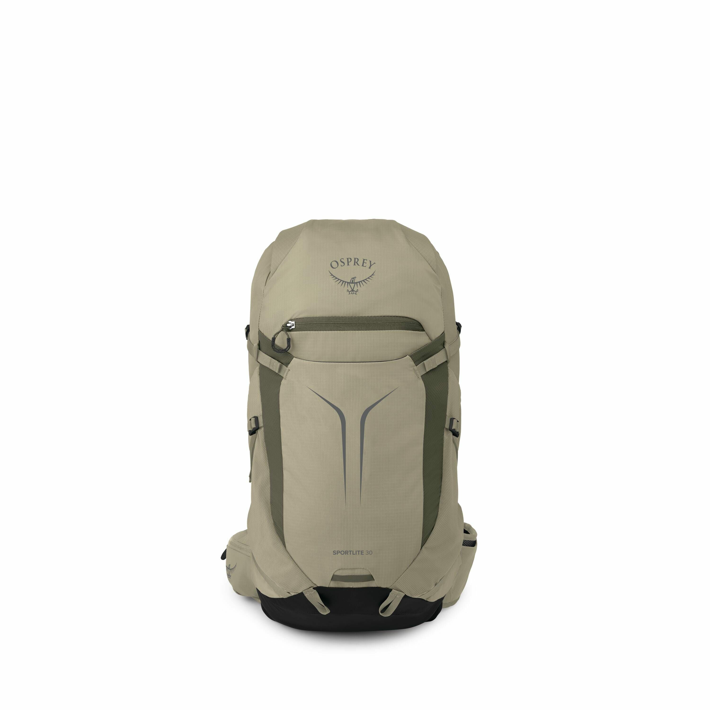 The image depicts a series of parts from an Osprey backpack, specifically the Sportlite 30 model. The first two images show the fully assembled backpack in different shades of green, featuring the Osprey logo at the top. Subsequent images display the disa