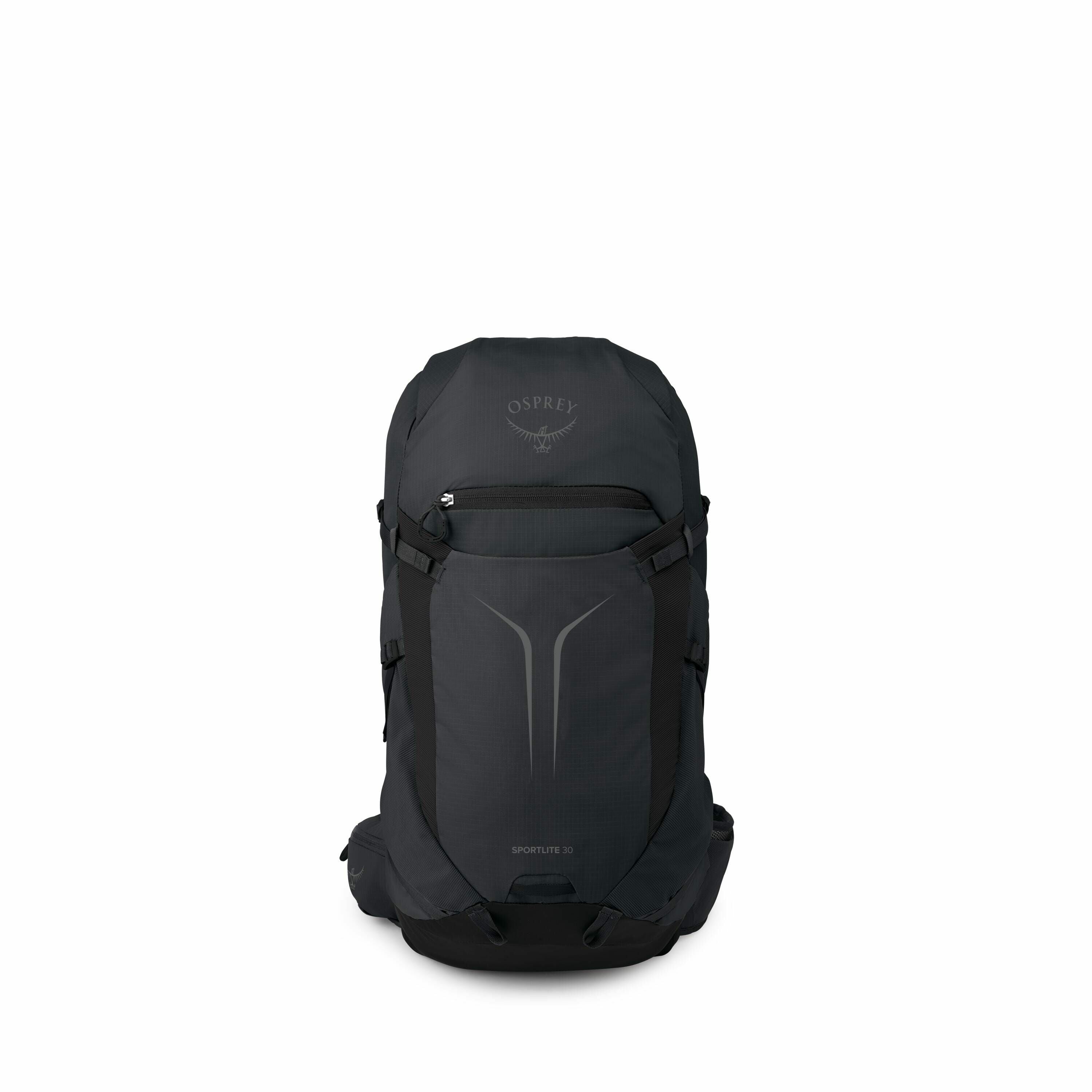 The images showcase a black Osprey Sportlite 30 backpack from various angles and stages of assembly. The first image presents the backpack in a fully assembled state, displaying the Osprey logo prominently on the top. Subsequent images illustrate the back