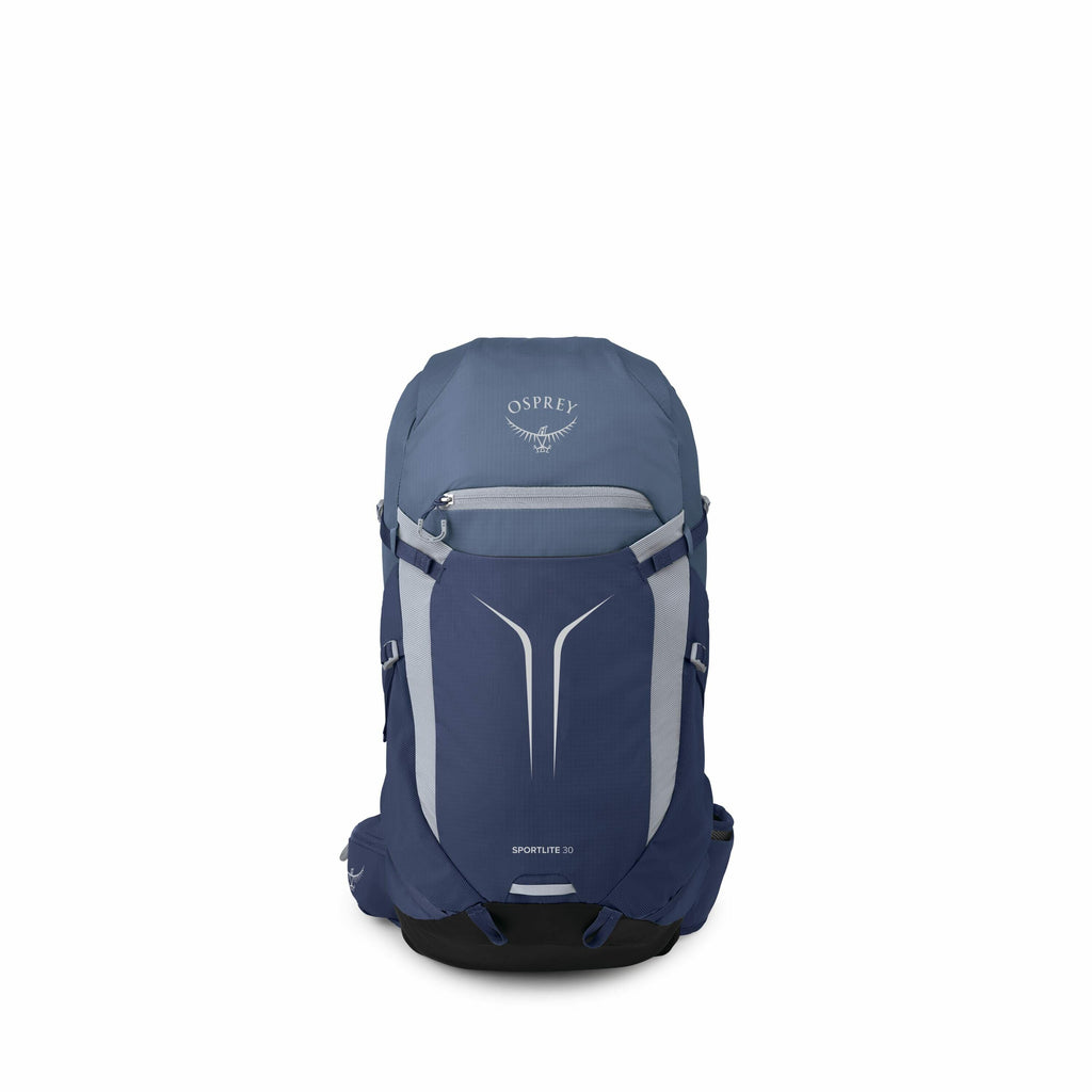 The image displays an Osprey Sportlite 30 backpack in a frontal view. The backpack is primarily blue with light gray accents, and features the Osprey logo on the top section. It has multiple compartments and straps, designed for outdoor activities or hiki