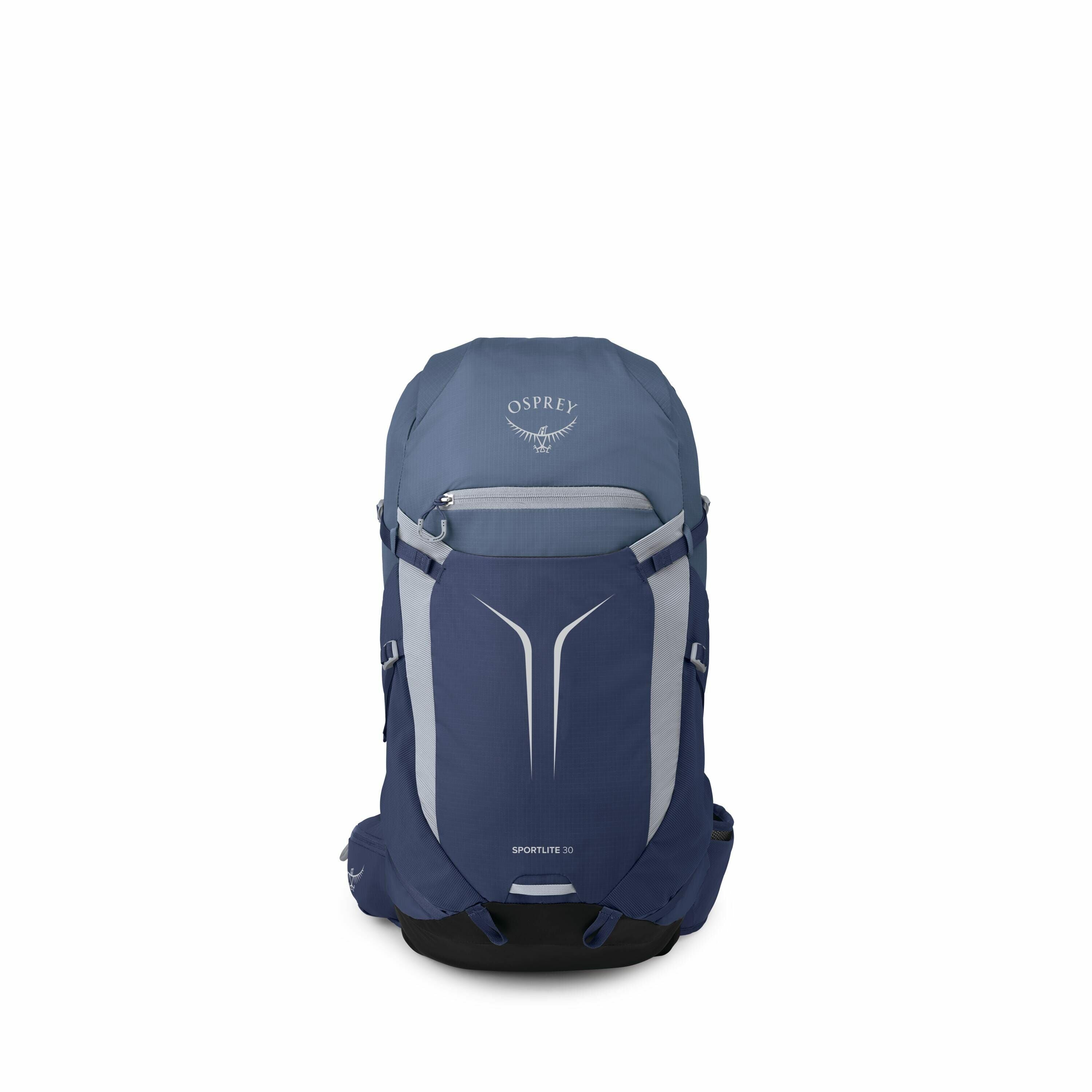 The image displays an Osprey Sportlite 30 backpack in a frontal view. The backpack is primarily blue with light gray accents, and features the Osprey logo on the top section. It has multiple compartments and straps, designed for outdoor activities or hiki