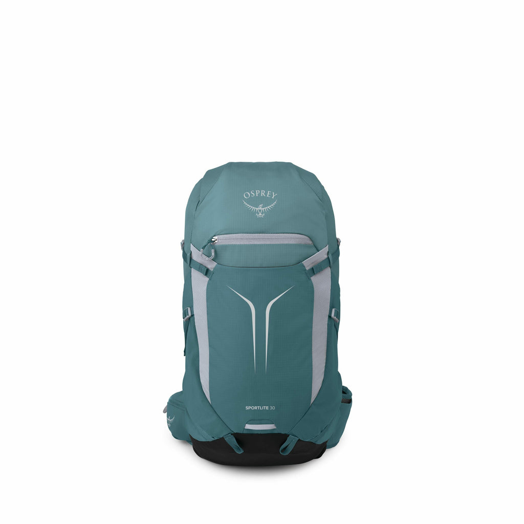 The image showcases a turquoise backpack with gray accents, branded by Osprey with the logo prominently displayed on the front. The backpack appears to be the Osprey Sportlite 30 model, as indicated by the text at the bottom of the pack. It features a sle