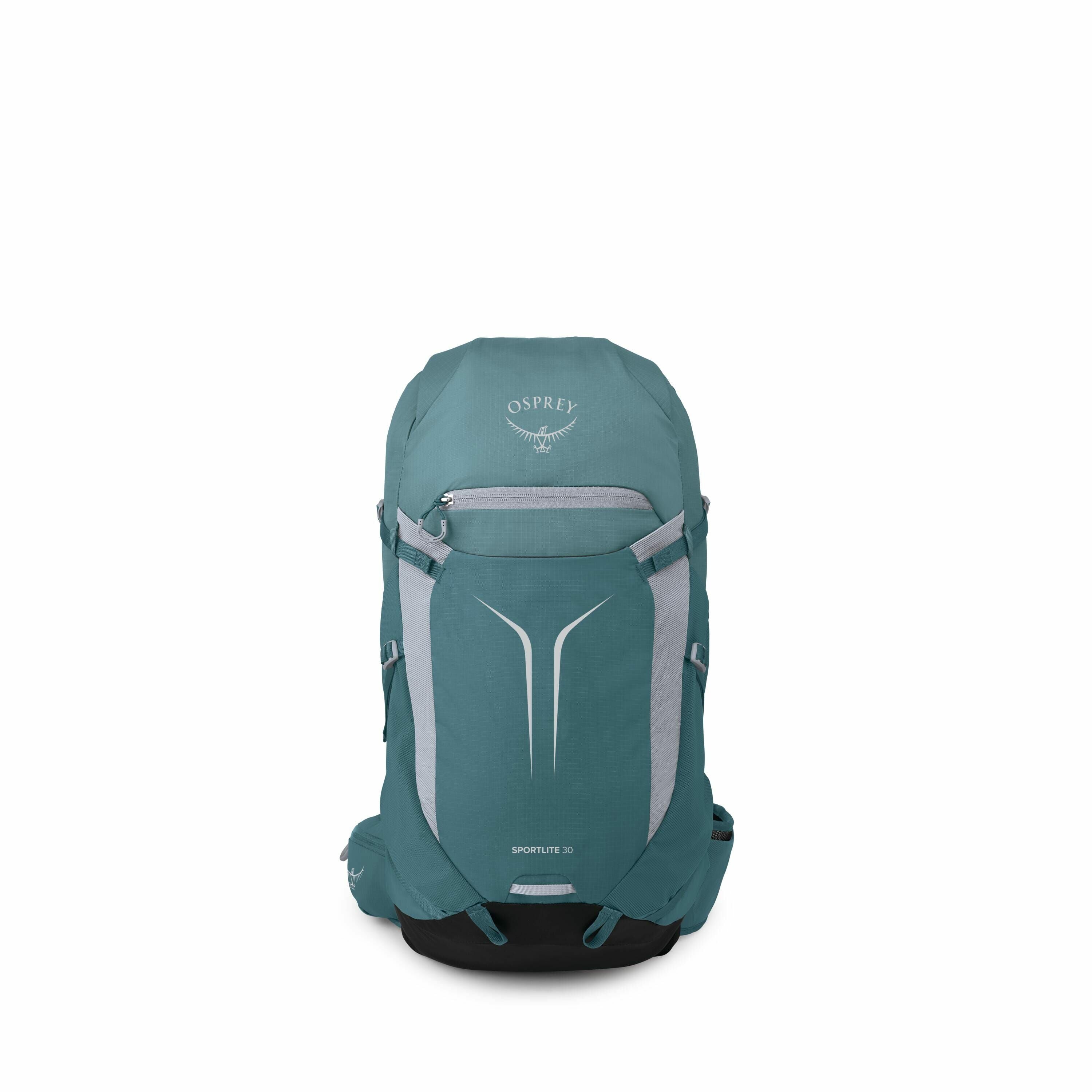 The image showcases a turquoise backpack with gray accents, branded by Osprey with the logo prominently displayed on the front. The backpack appears to be the Osprey Sportlite 30 model, as indicated by the text at the bottom of the pack. It features a sle