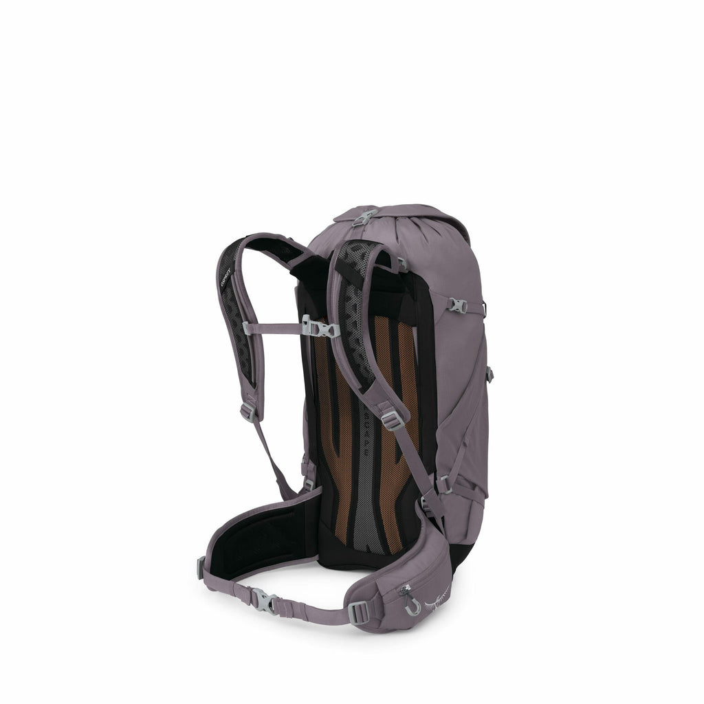 The image depicts a series of deconstructed views of a backpack, showcasing its various components. In the first image, the backpack is fully assembled, displaying its ergonomic design, with padded shoulder straps, a hip belt, and a back panel with ventil