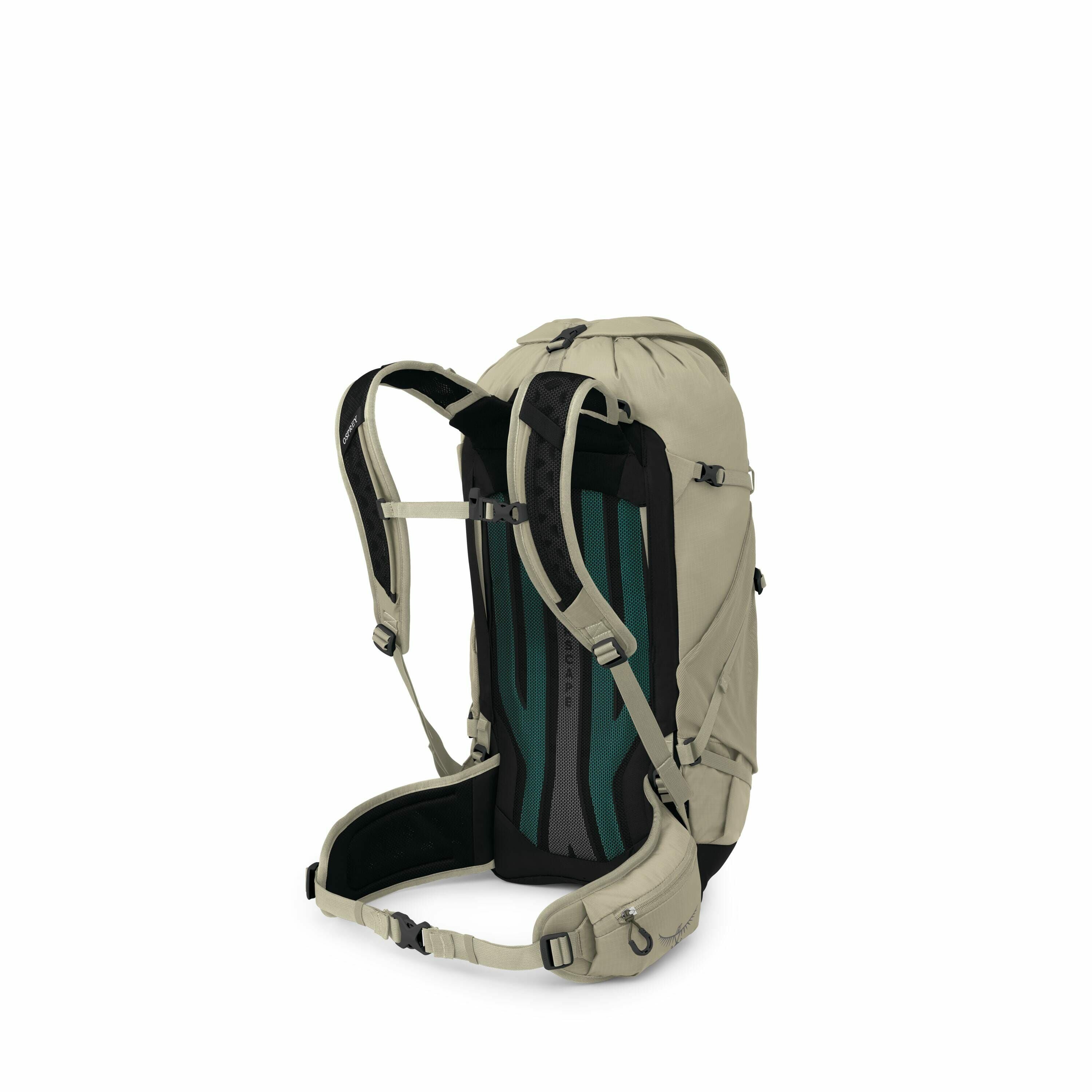 The image displays a light olive green hiking backpack with a sophisticated design featuring numerous compartments and adjustable straps for a comfortable fit. The back panel has a black base with vertical green stripes, and there are black padded section