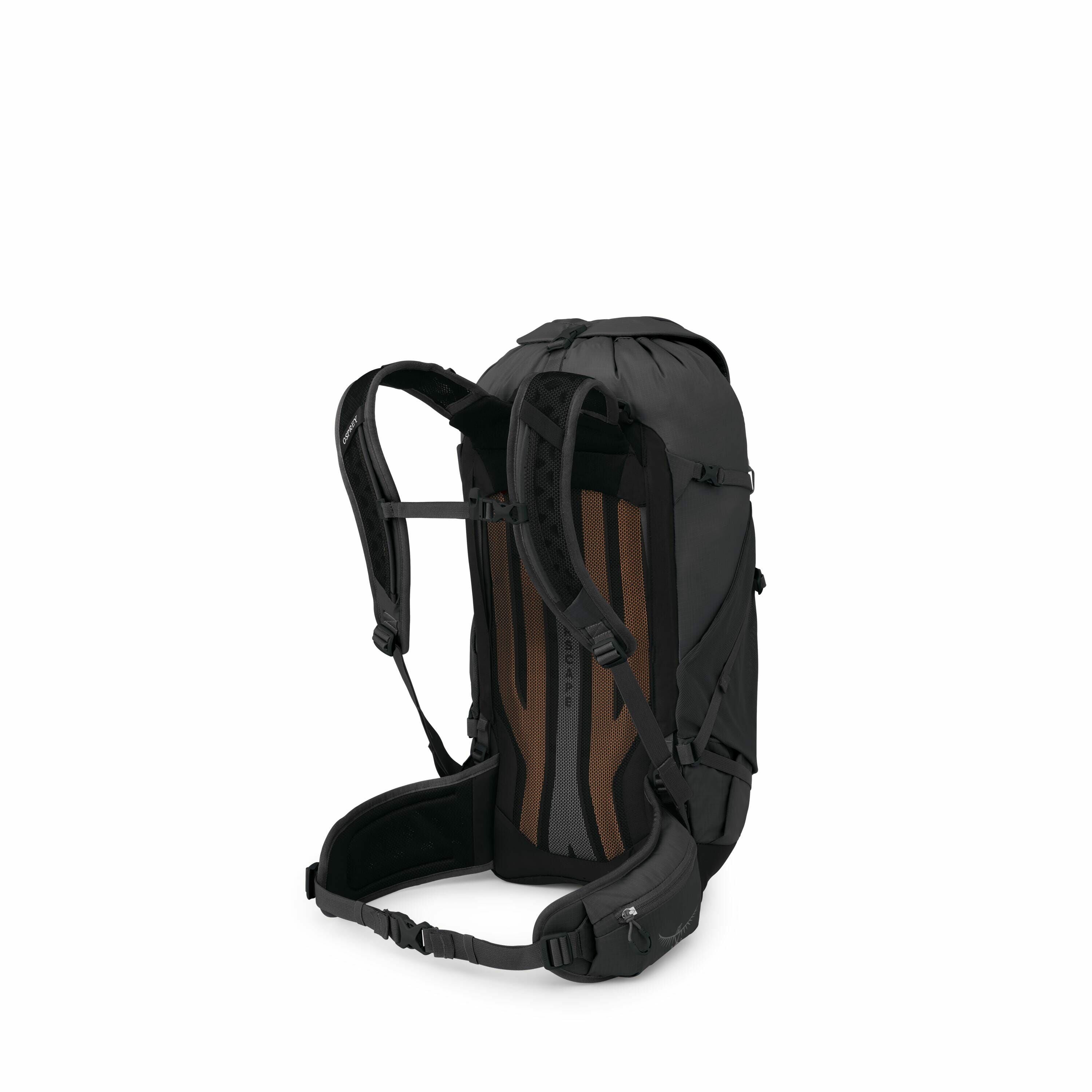 The image displays a black backpack with a sleek and modern design, emphasizing its back panel and straps. The backpack features a supportive frame, visible from the back, with brown and gray accents that offer a contrast to the overall black material. Th