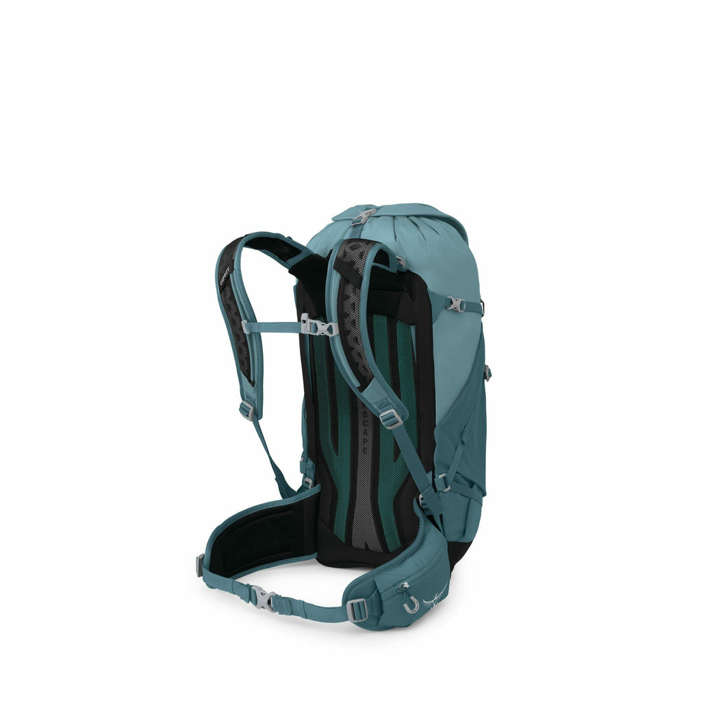 The image series depicts a teal hiking backpack viewed from various angles and stages of deconstruction. Initially, the backpack is shown in its entirety, highlighting its sturdy shoulder straps, chest, and waist belts for secure carrying. As the images p