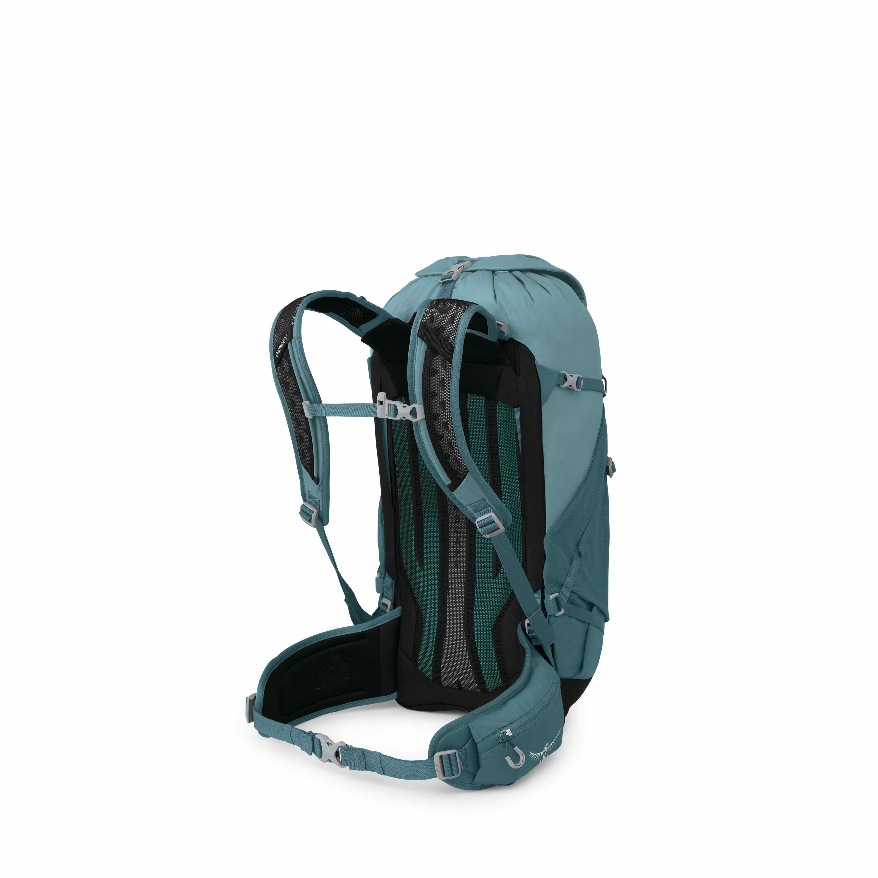 The image series depicts a teal hiking backpack viewed from various angles and stages of deconstruction. Initially, the backpack is shown in its entirety, highlighting its sturdy shoulder straps, chest, and waist belts for secure carrying. As the images p