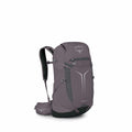 The image depicts a purple Osprey Sportlite 30 backpack designed for hiking or travel. The backpack features the Osprey logo at the top, and below it, there's a small zippered pocket on the upper section. It has multiple compartments and adjustable straps