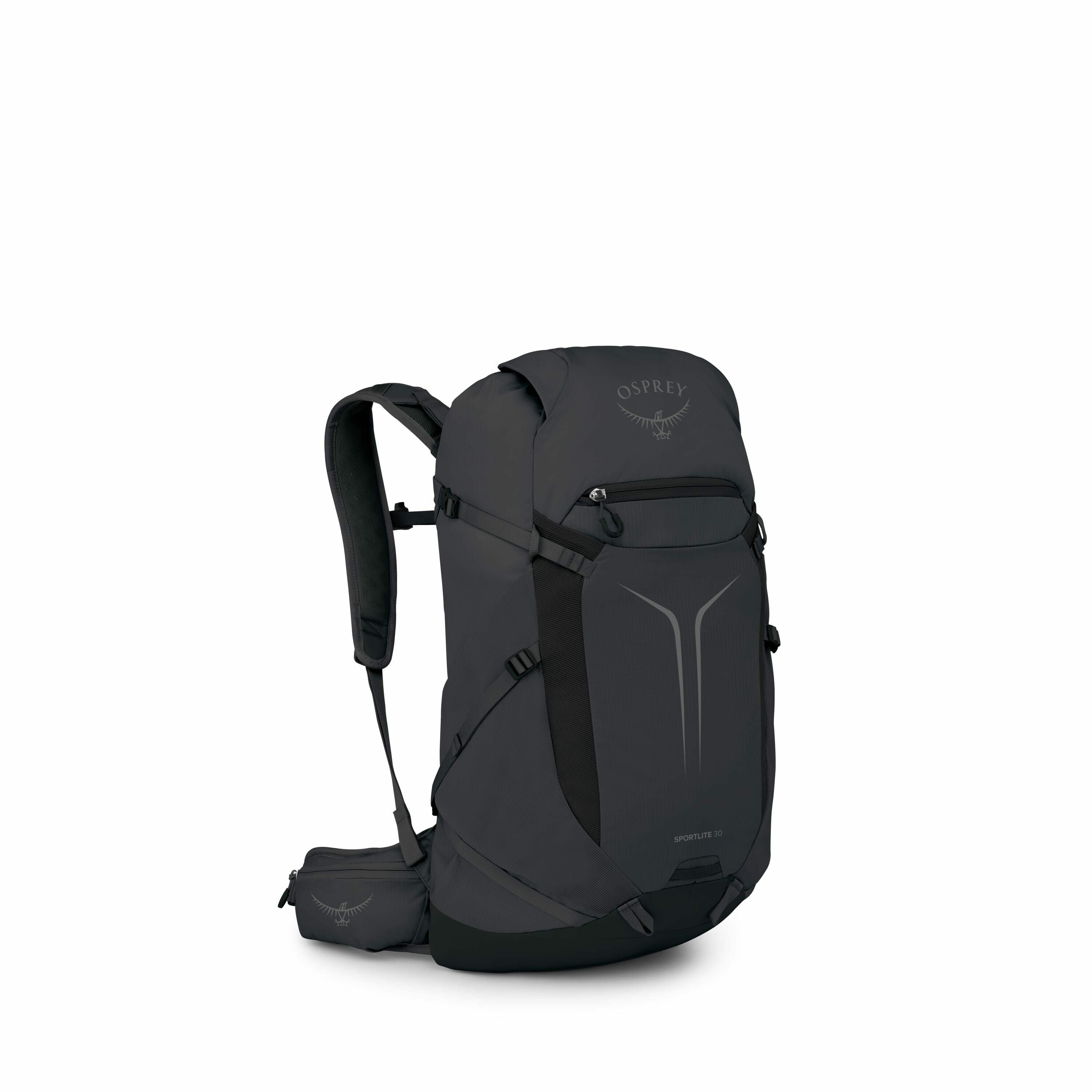 The image showcases a dark gray Osprey Sportlite 30 backpack. This backpack features a streamlined and ergonomic design, with padded shoulder straps and a hip belt for comfort during extended use. The bag has multiple compartments and external attachment