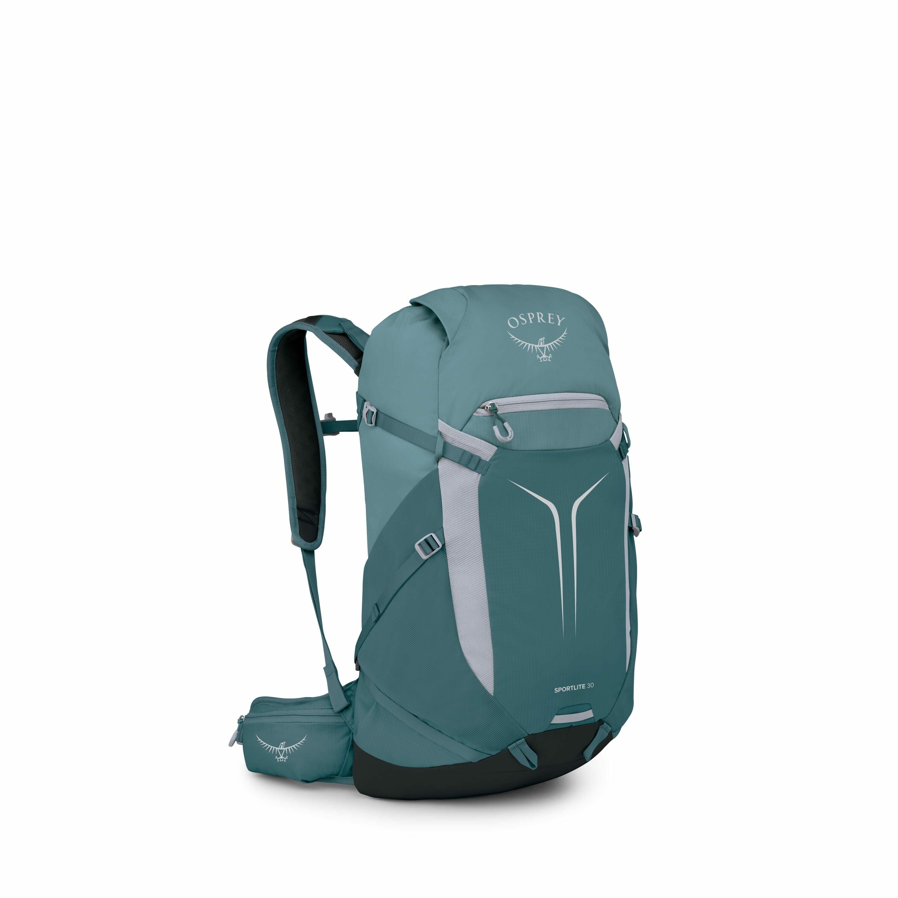 The image features a teal-colored Osprey backpack, prominently displaying the Osprey logo on the top front section. The backpack has a sleek design with various compartments and straps for functionality, including side pockets and a hip belt with pockets.