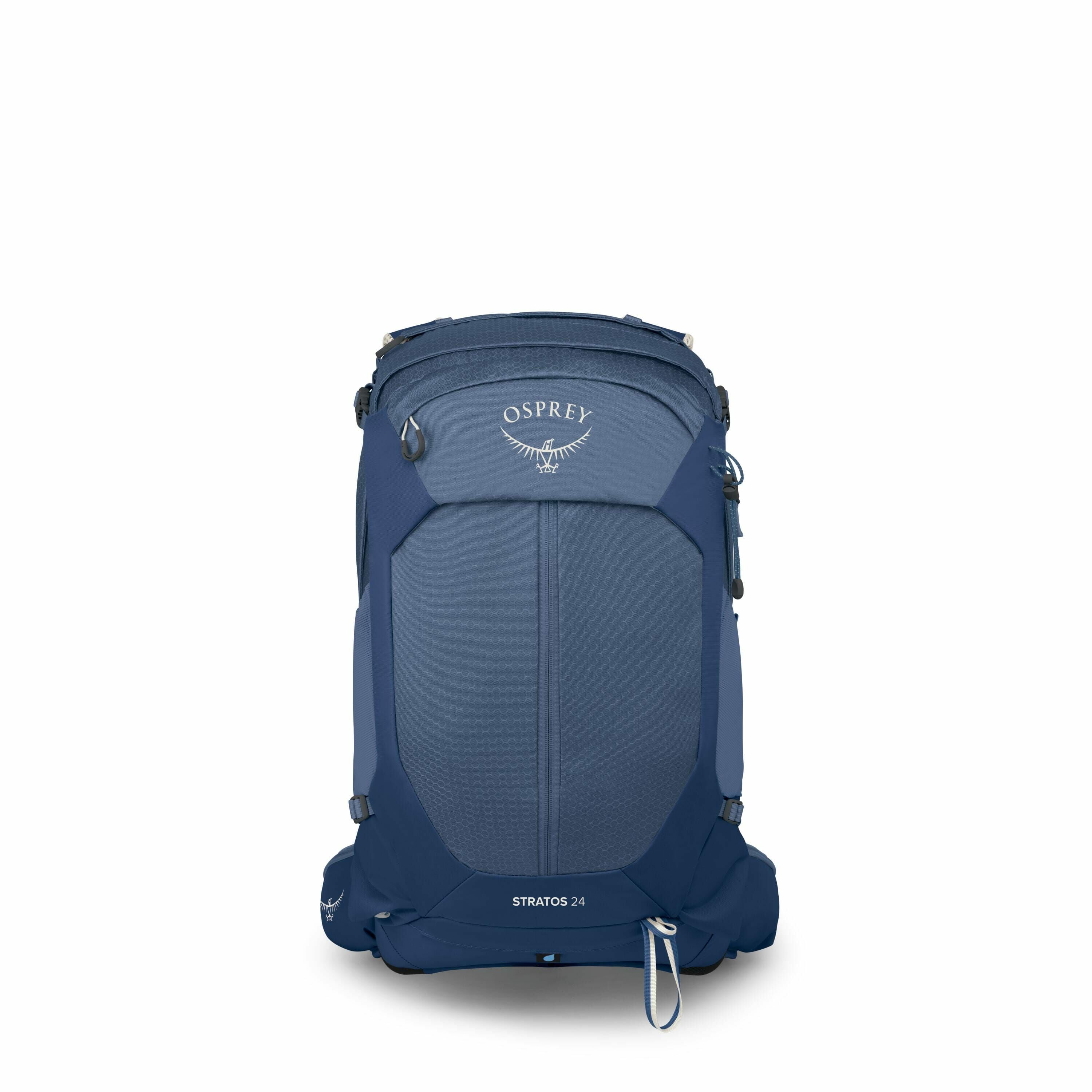 The images collectively showcase a blue Osprey Stratos 24 backpack from various perspectives. The main image highlights the front view, displaying the Osprey logo prominently near the top and the model name "STRATOS 24" near the bottom. The subsequent ima