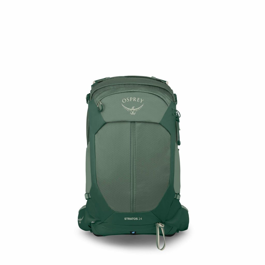 The image showcases an Osprey Stratos 24 backpack, designed for hiking and outdoor activities. The backpack is predominantly green, with the Osprey logo featured prominently on the top flap. It has a streamlined design, with a central front pocket and mul