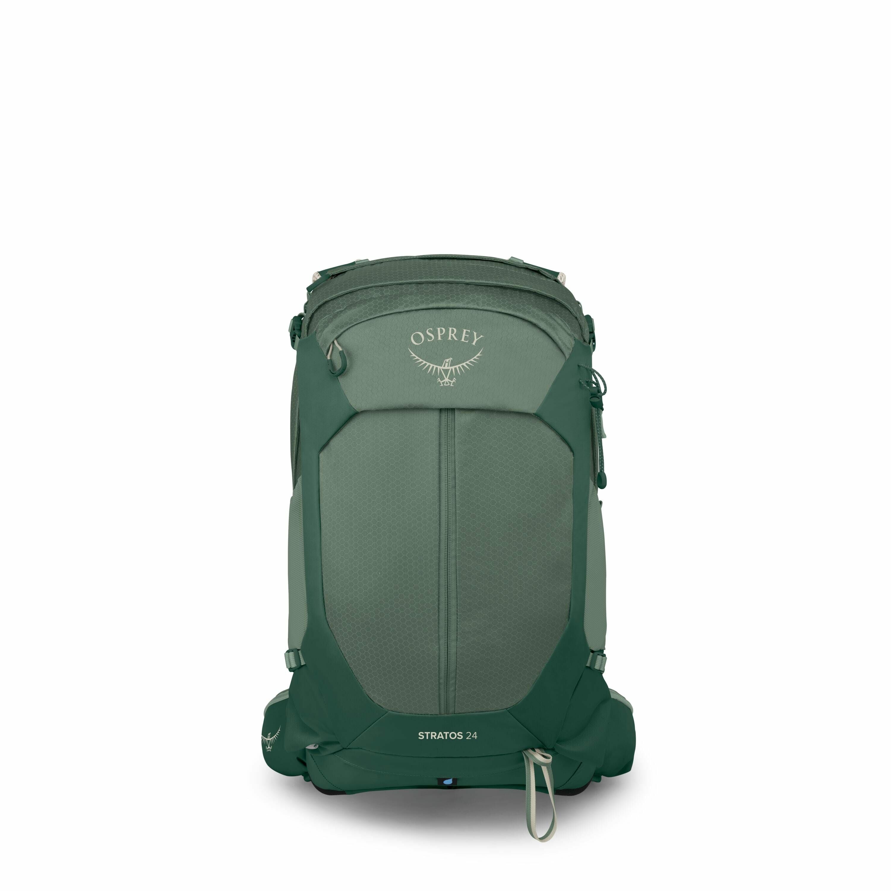 The image showcases an Osprey Stratos 24 backpack, designed for hiking and outdoor activities. The backpack is predominantly green, with the Osprey logo featured prominently on the top flap. It has a streamlined design, with a central front pocket and mul