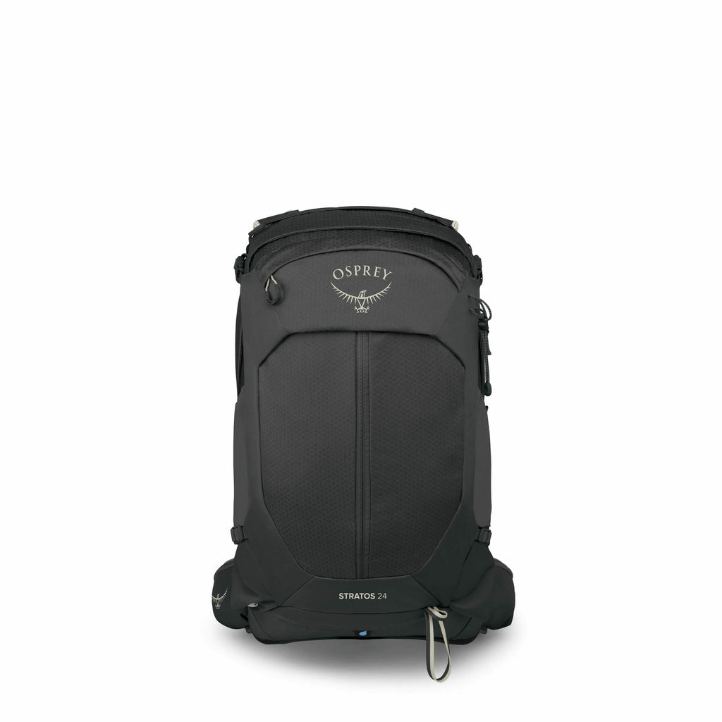 The image features a black Osprey Stratos 24 backpack, prominently displayed with a frontal view. The backpack is sleek and compact, designed for hiking or outdoor activities, and has a streamlined shape. The brand name "Osprey" is visible near the top of
