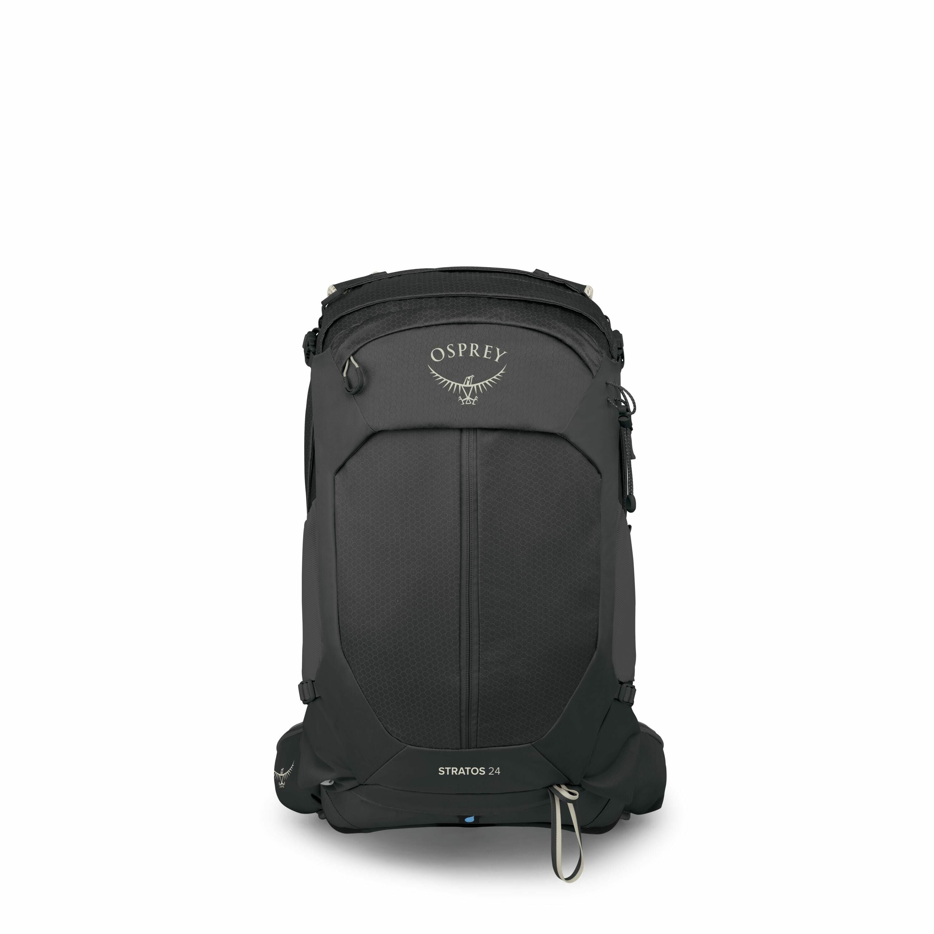 The image features a black Osprey Stratos 24 backpack, prominently displayed with a frontal view. The backpack is sleek and compact, designed for hiking or outdoor activities, and has a streamlined shape. The brand name "Osprey" is visible near the top of
