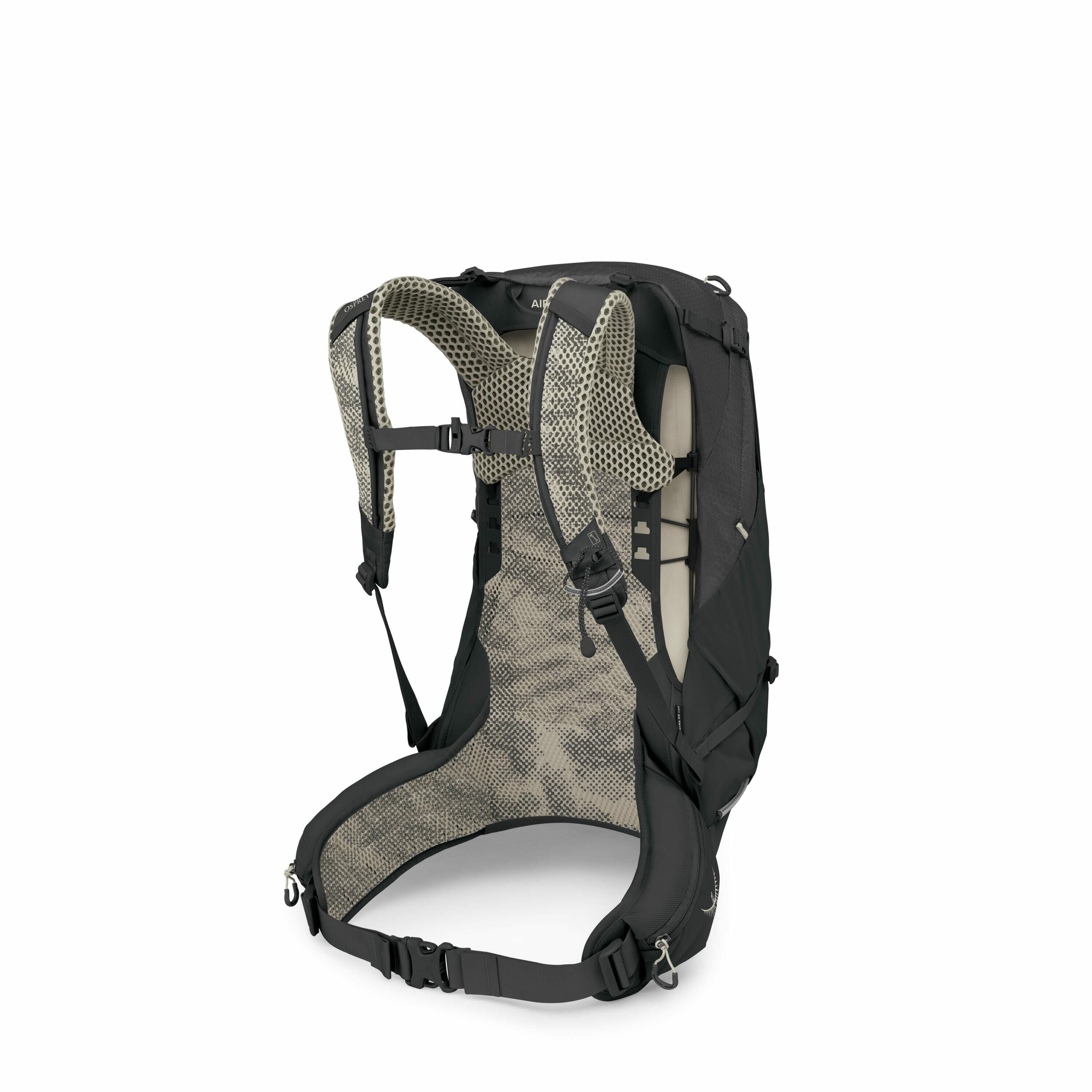 The image depicts a black backpack with a focus on its back and straps, showcasing its ergonomic design. The backpack features a mesh padding system, likely intended to enhance breathability and comfort during wear. Straps and adjustable buckles can be se