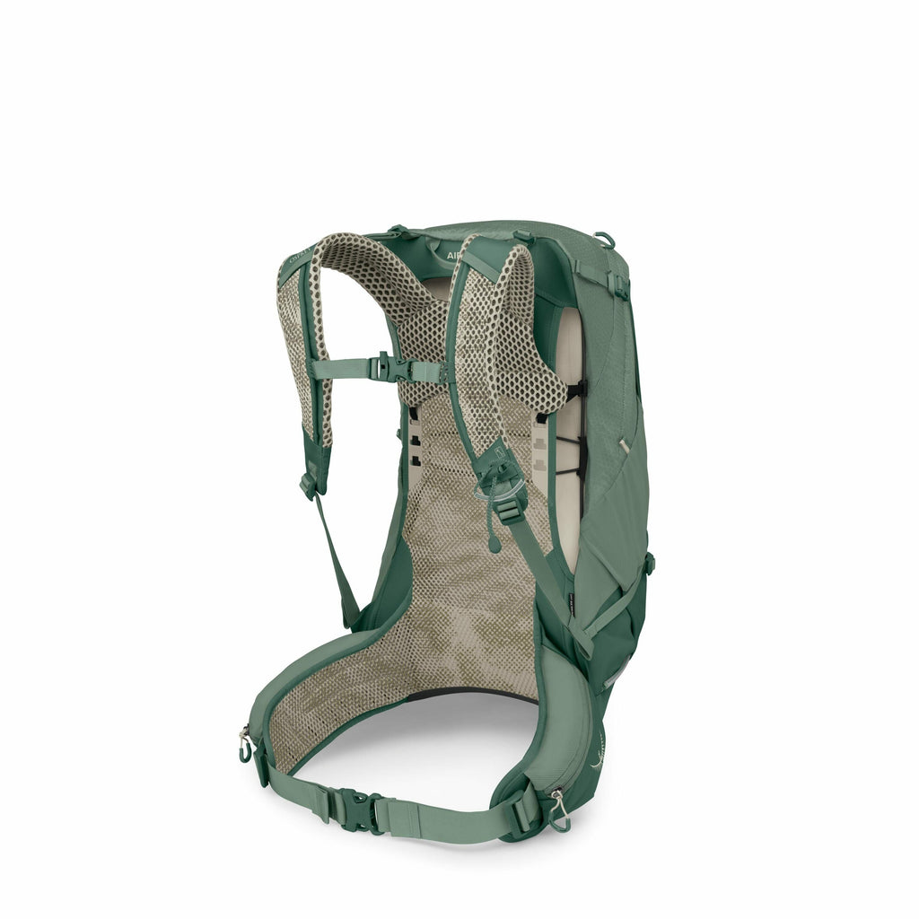 The image shows a green backpack, viewed from the back, highlighting its ergonomic design. The backpack features a mesh back panel and padded shoulder straps with ventilated padding, likely intended to provide comfort and breathability during use. The adj